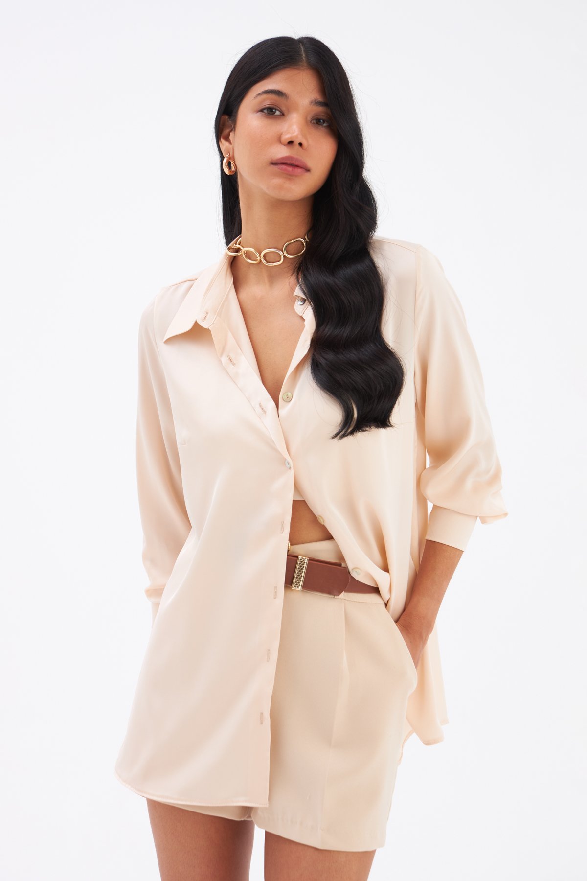 Oversize Saten Gömlek - KUM