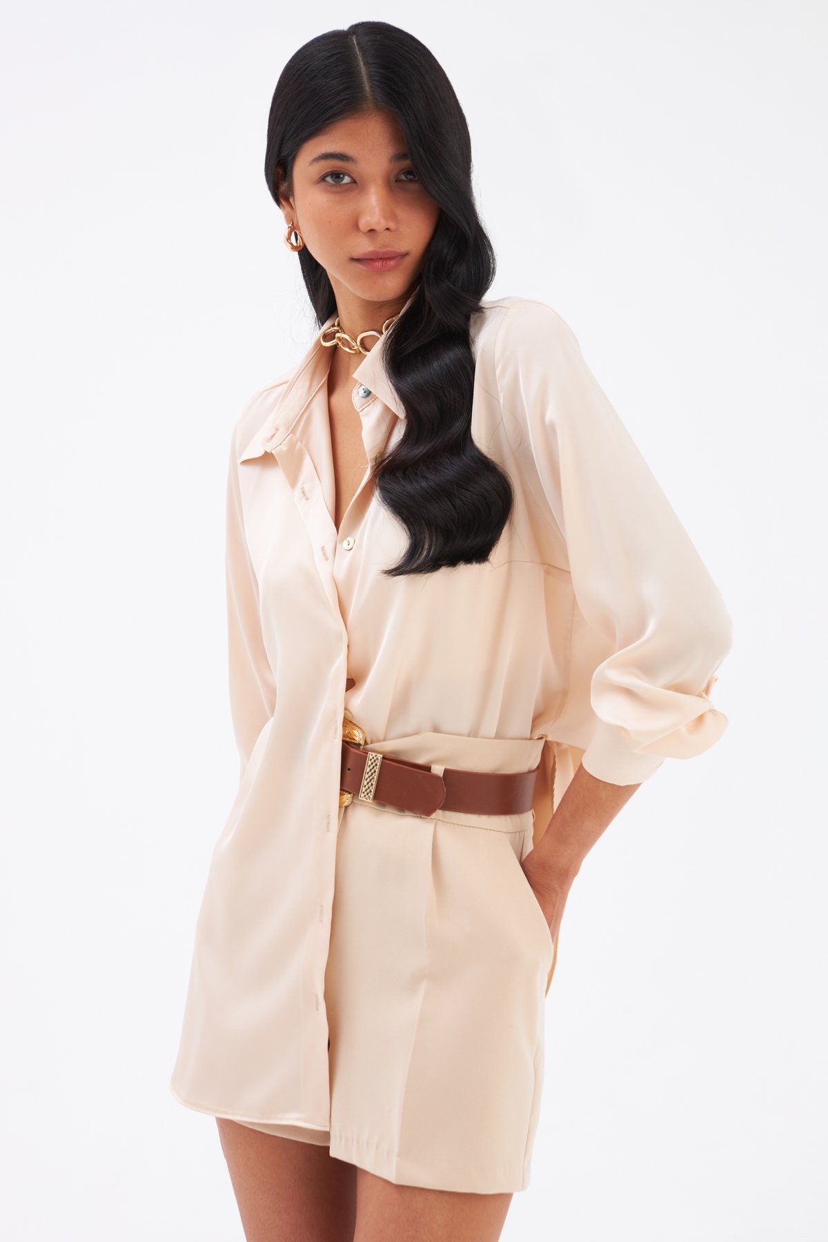 Oversize Saten Gömlek - KUM