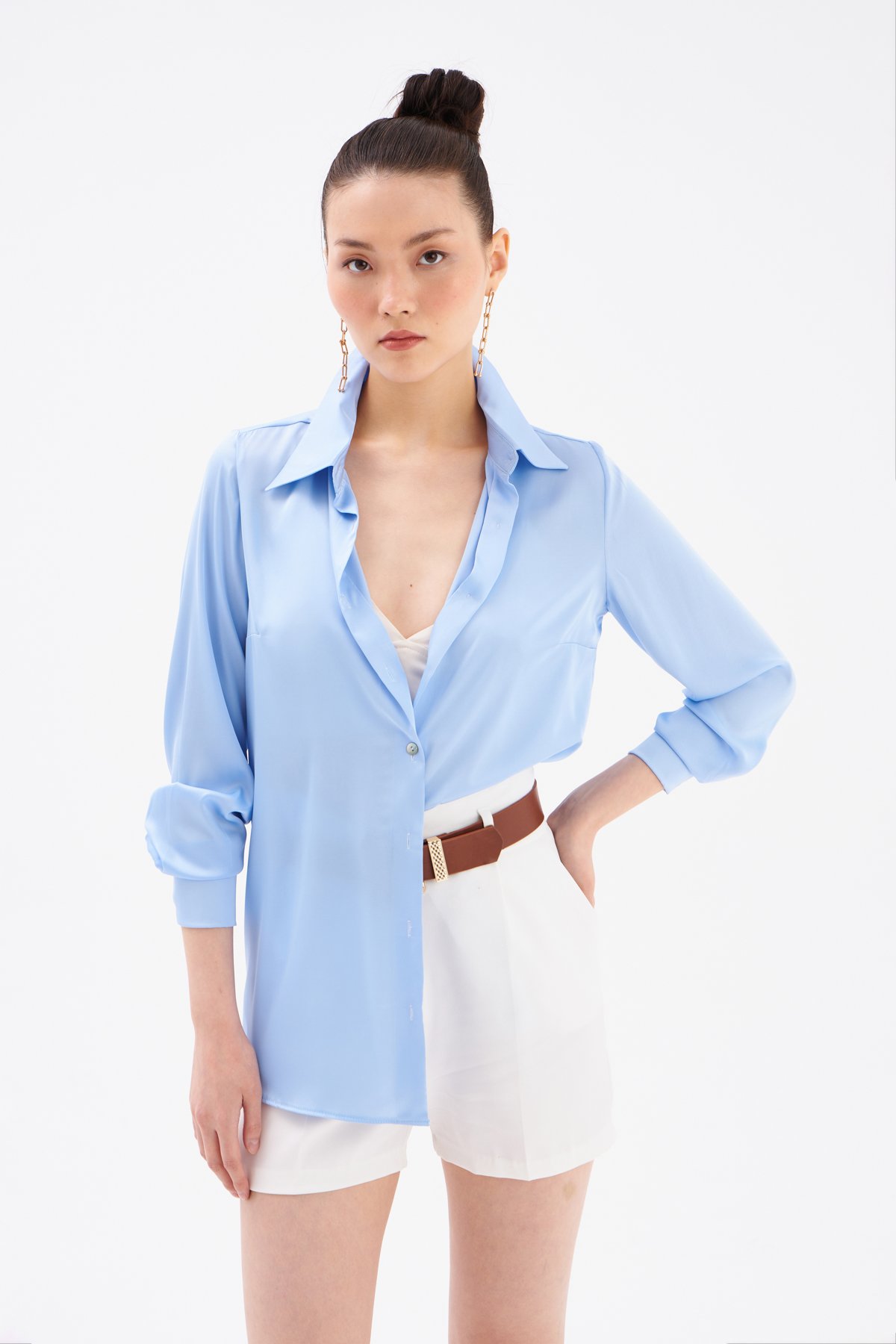 Oversize Saten Gömlek - MAVİ