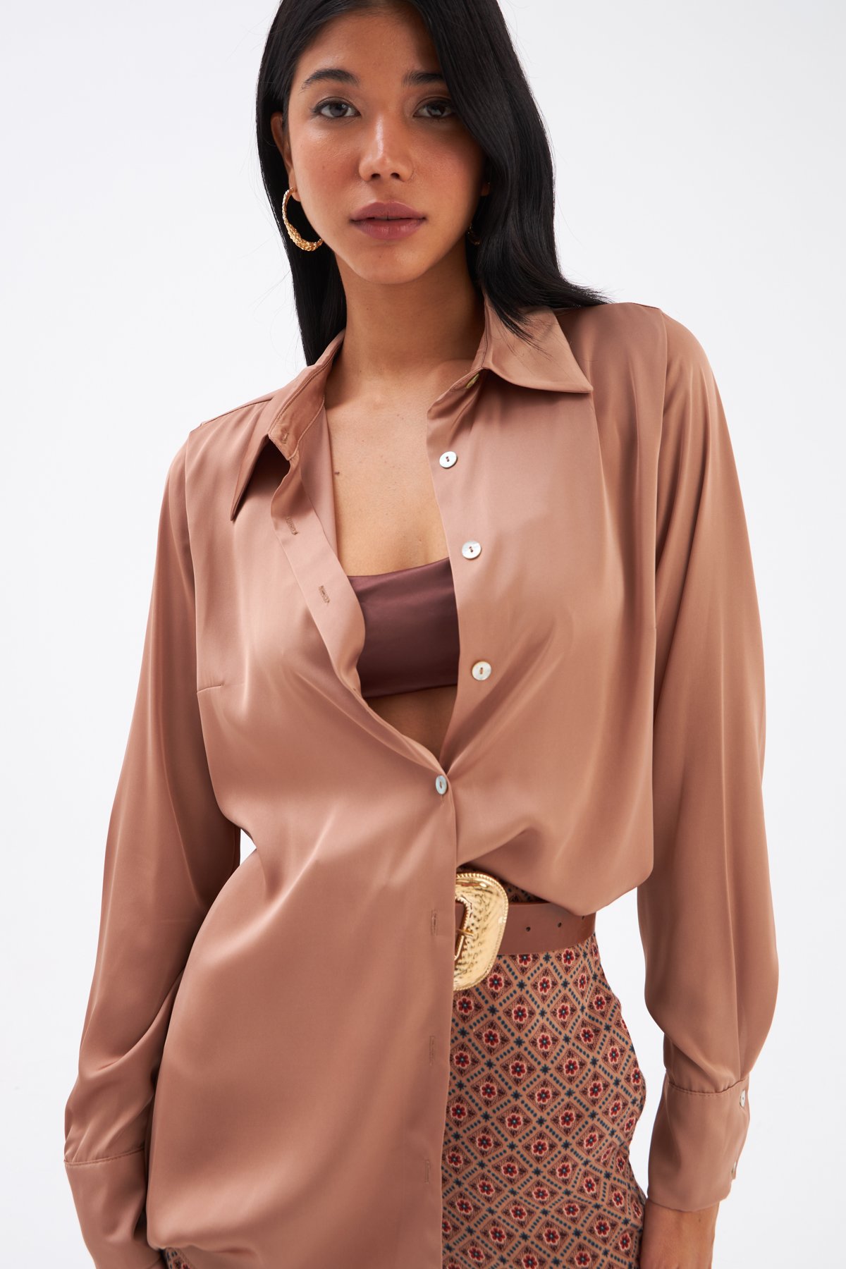 Oversize Saten Gömlek - VİZON