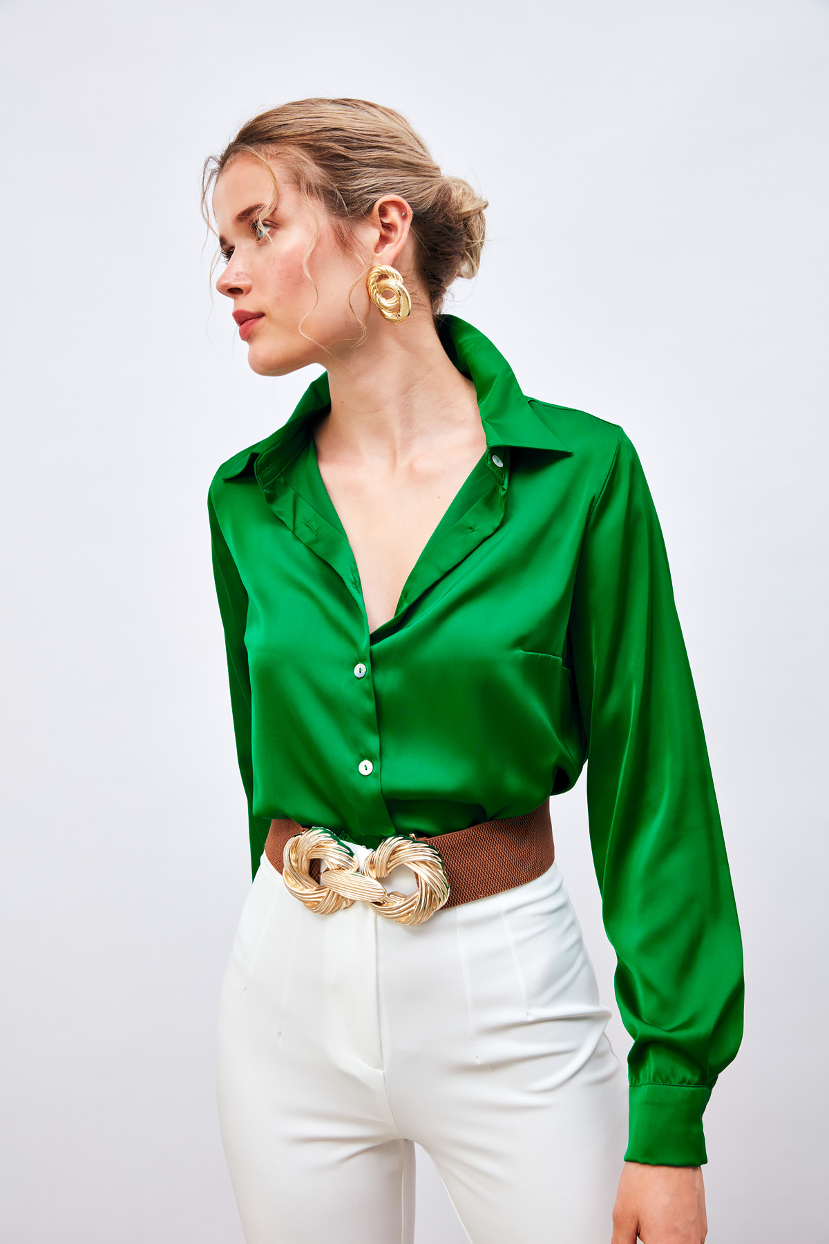 Oversize Satin Shirt - GREEN