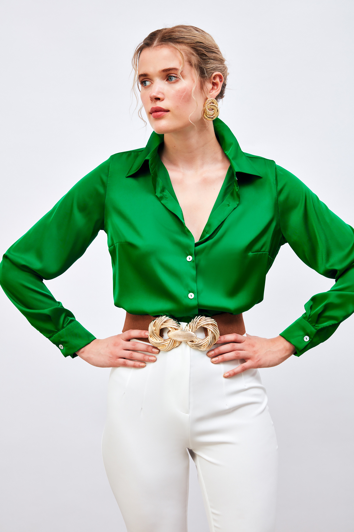 Oversize Satin Shirt - GREEN