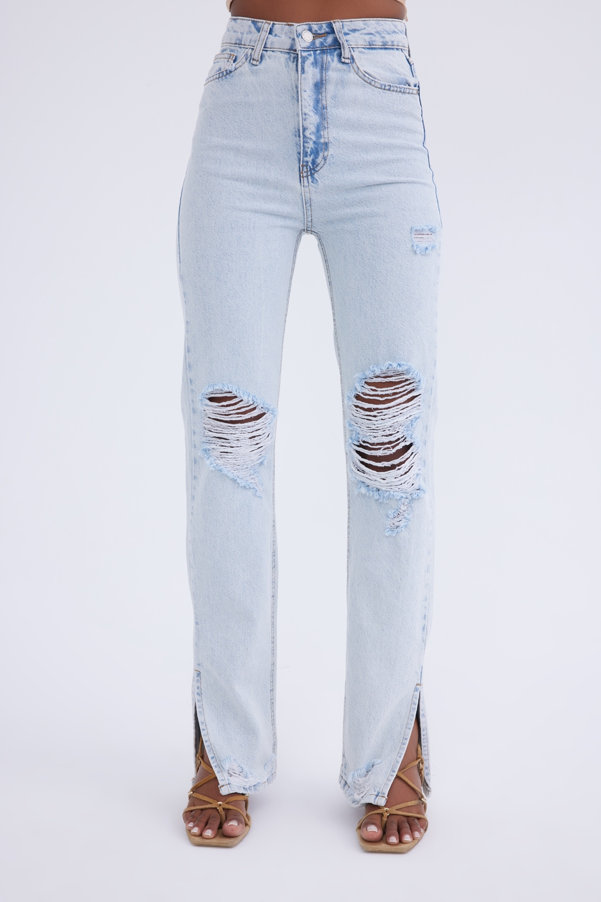 Paça detaylı yırtık wide leg jean - MAVİ