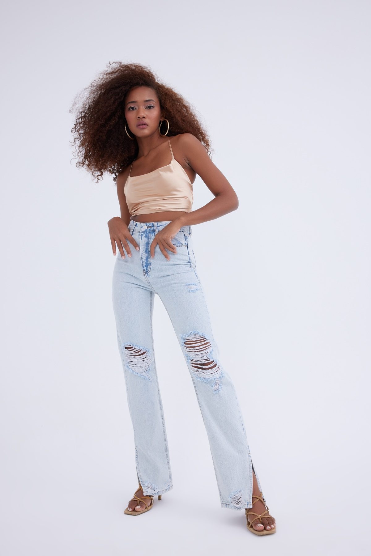 Paça detaylı yırtık wide leg jean - MAVİ
