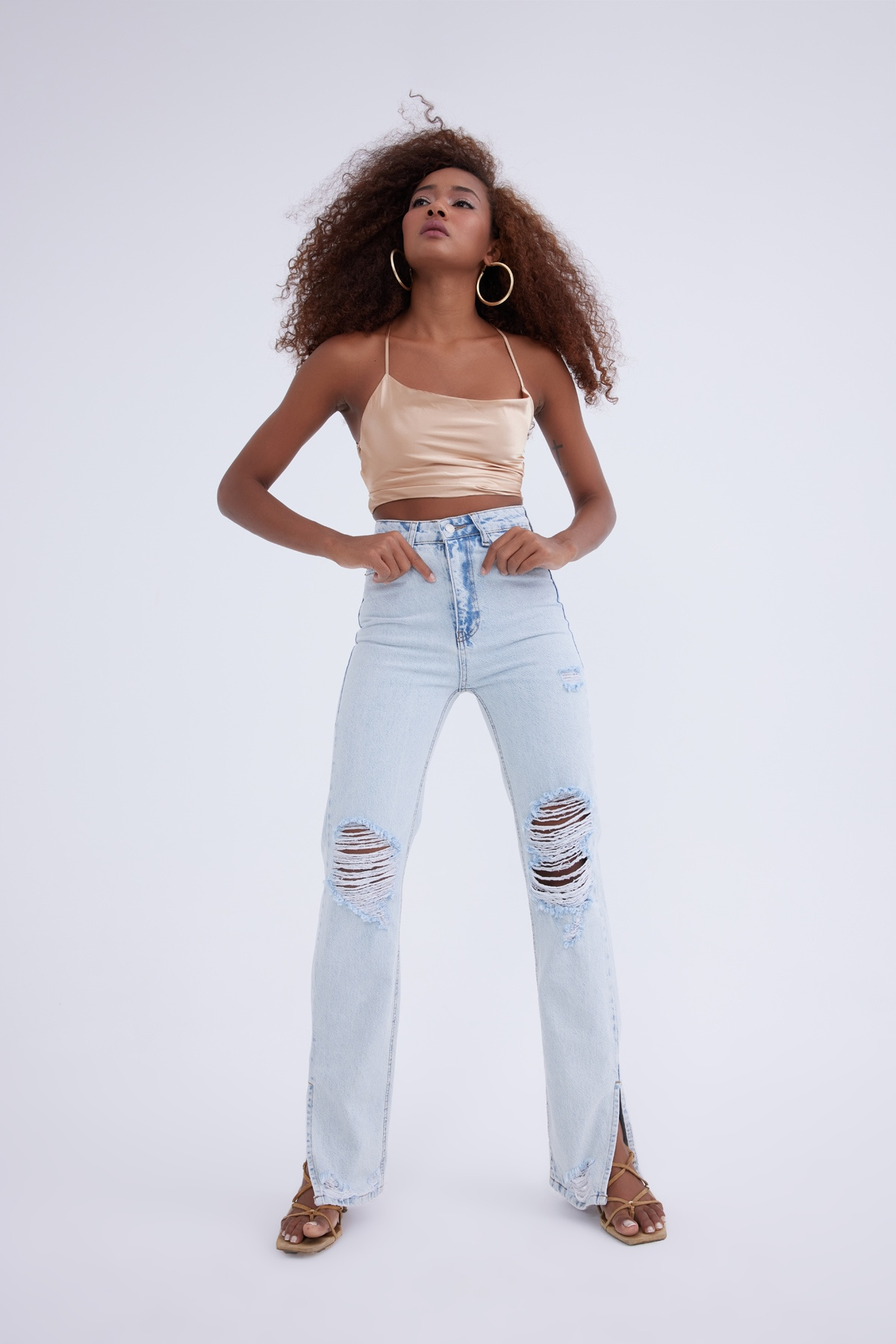 Paça detaylı yırtık wide leg jean - MAVİ