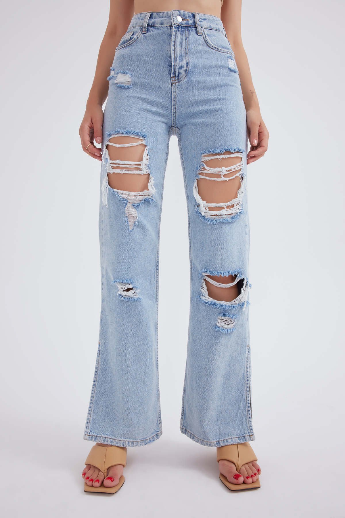 Paça yırtmaçlı straight jean - MAVİ