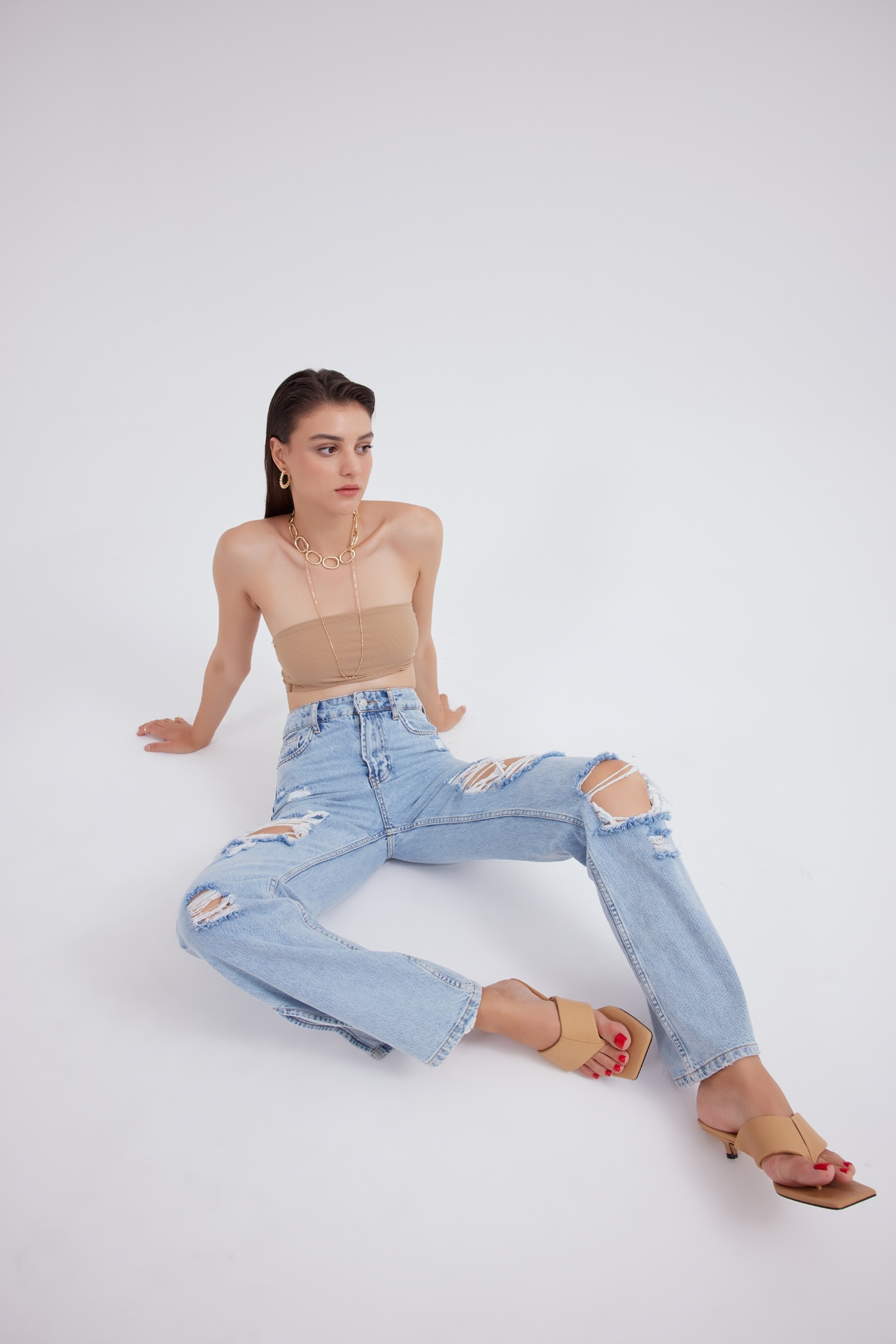 Paça yırtmaçlı straight jean - MAVİ