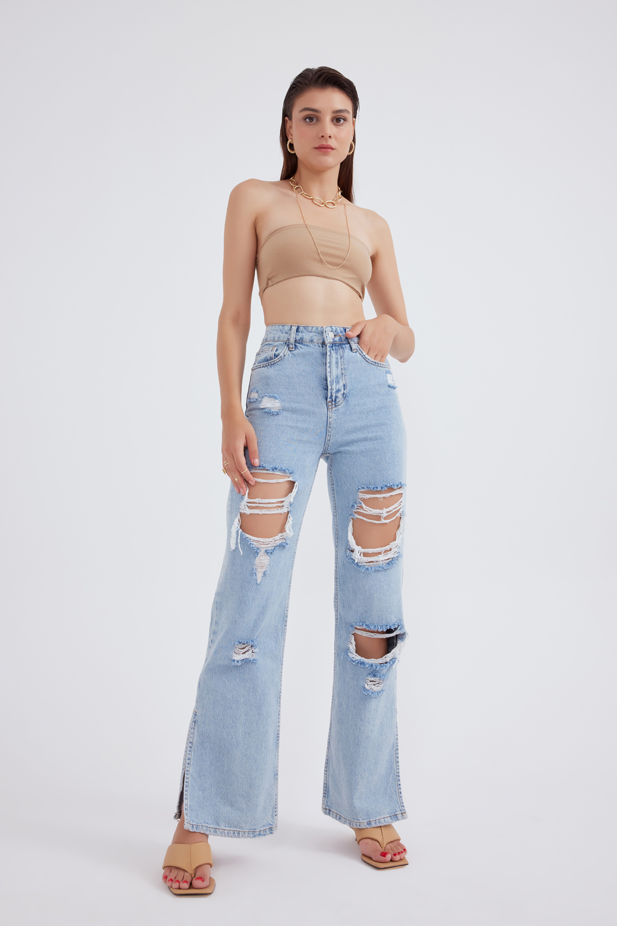 Paça yırtmaçlı straight jean - MAVİ