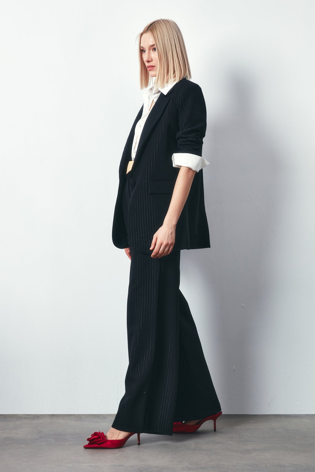 Parlak Çizgili Pantolon - SİYAH