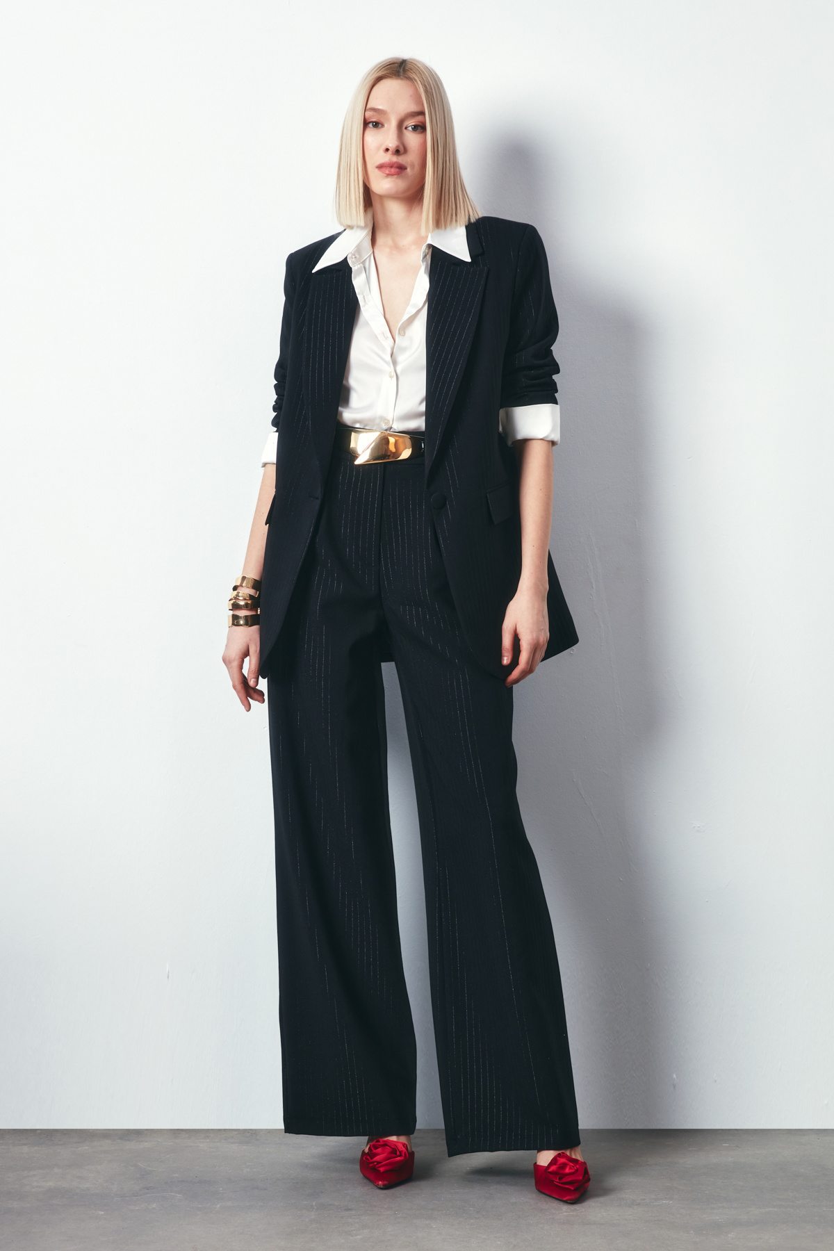 Parlak Çizgili Pantolon - SİYAH