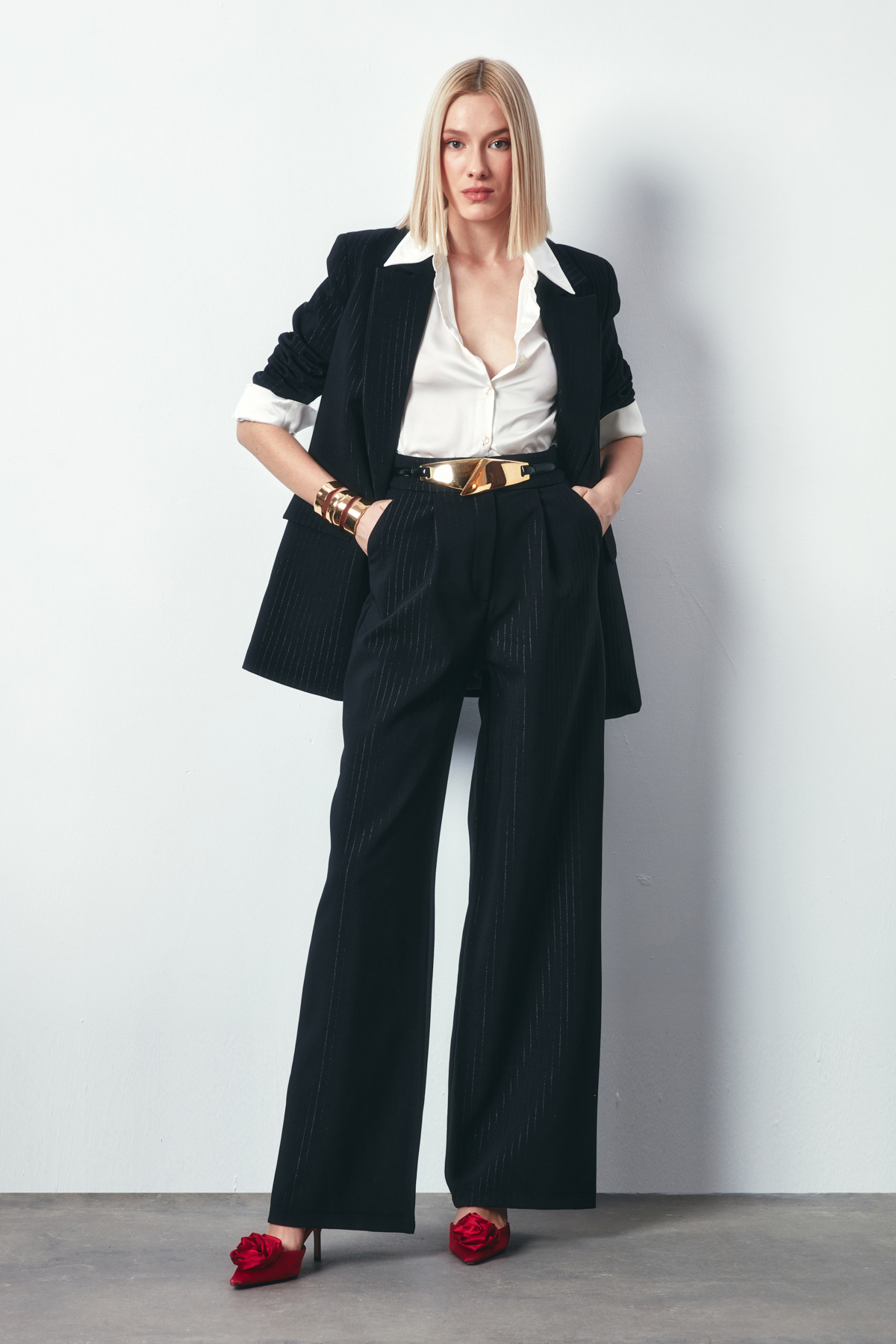 Parlak Çizgili Pantolon - SİYAH