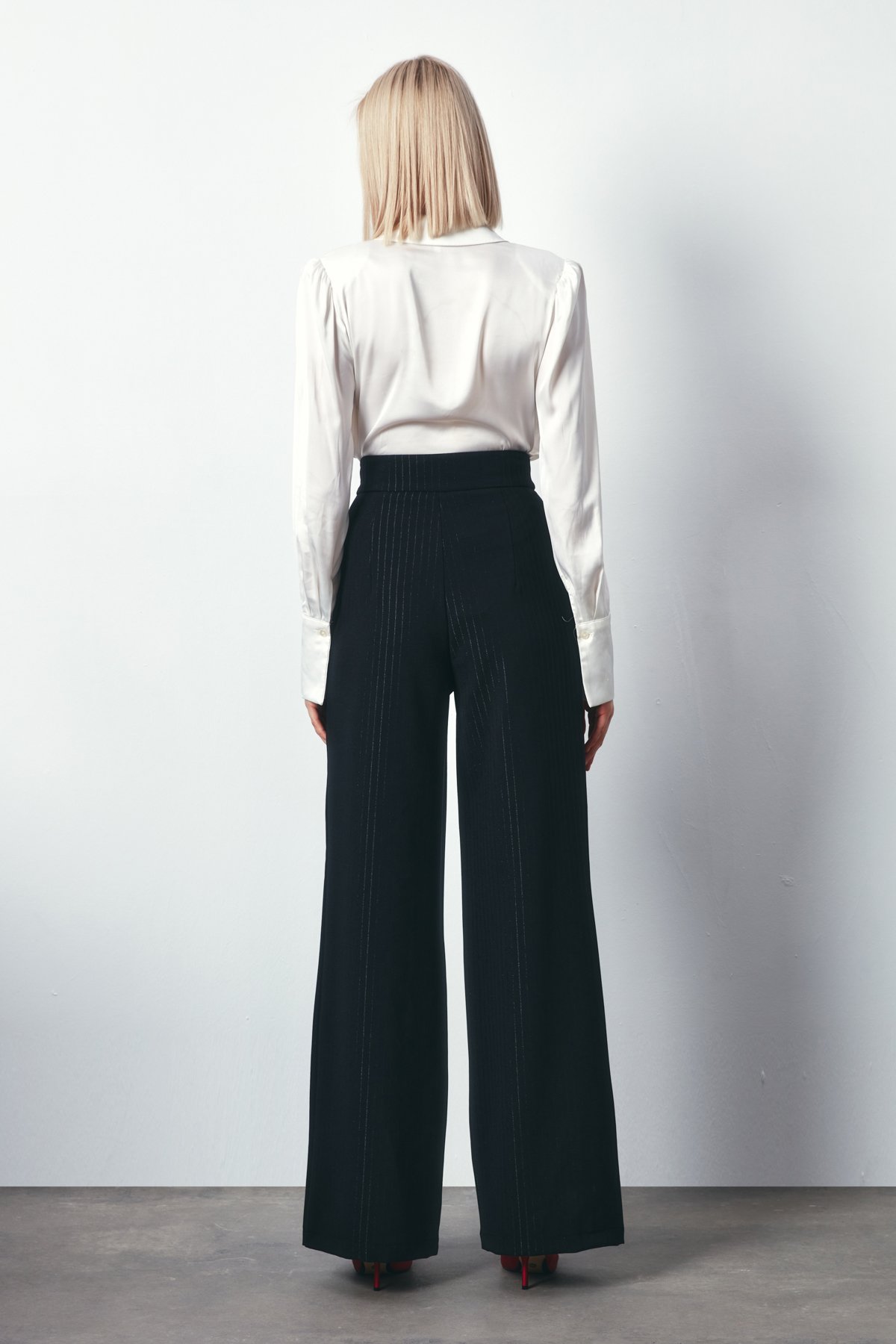 Parlak Çizgili Pantolon - SİYAH