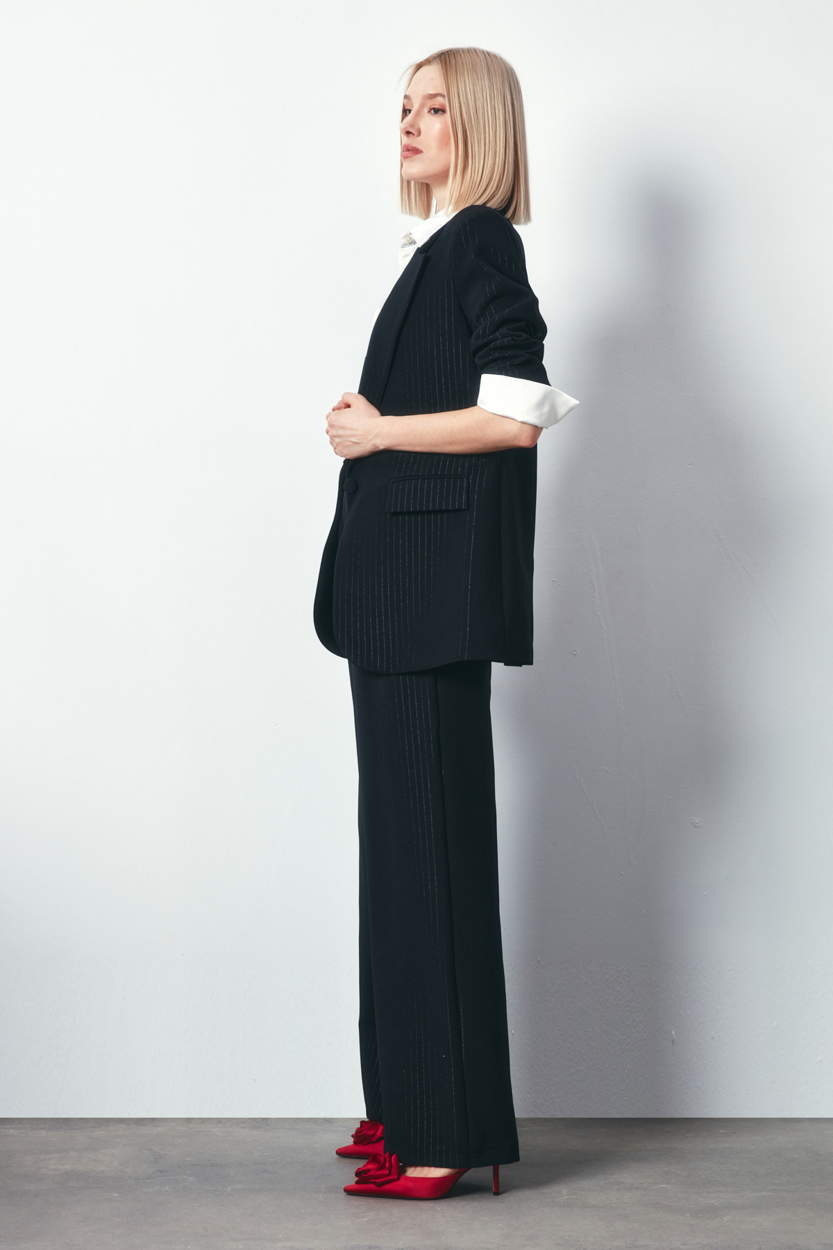 Parlak Çizgili Pantolon - SİYAH