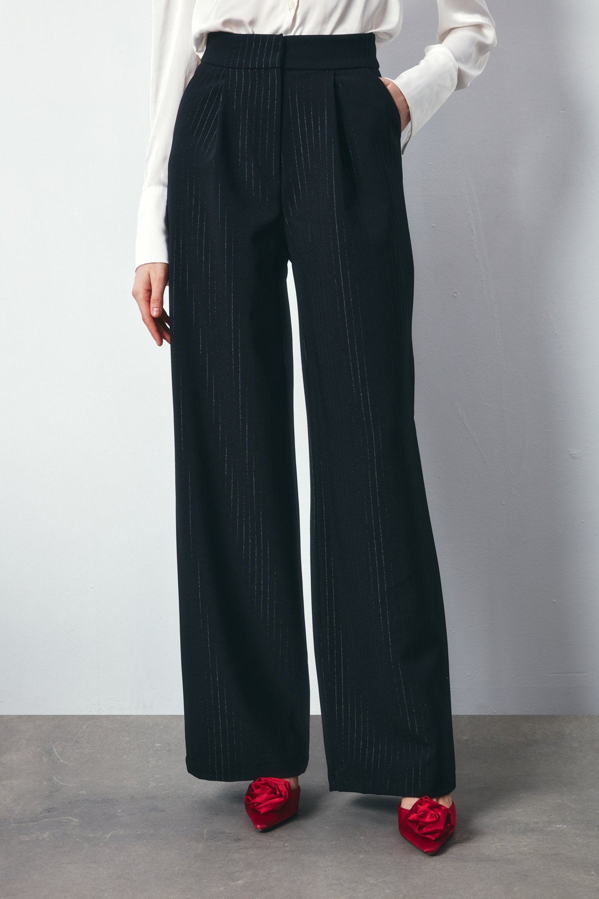 Parlak Çizgili Pantolon - SİYAH