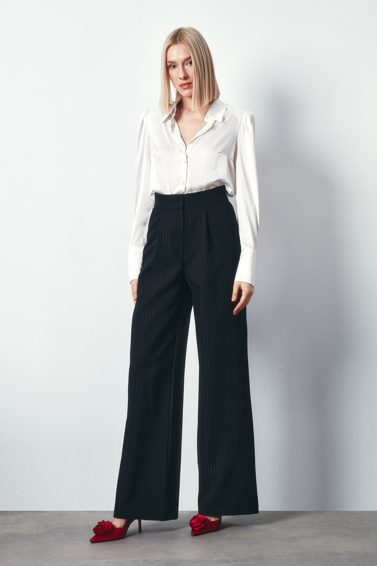 Parlak Çizgili Pantolon - SİYAH