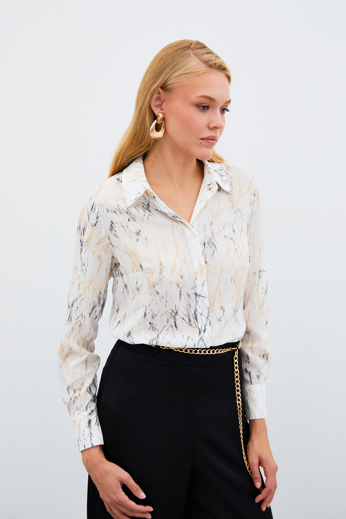 Parlak Desenli Gömlek - EKRU-GOLD