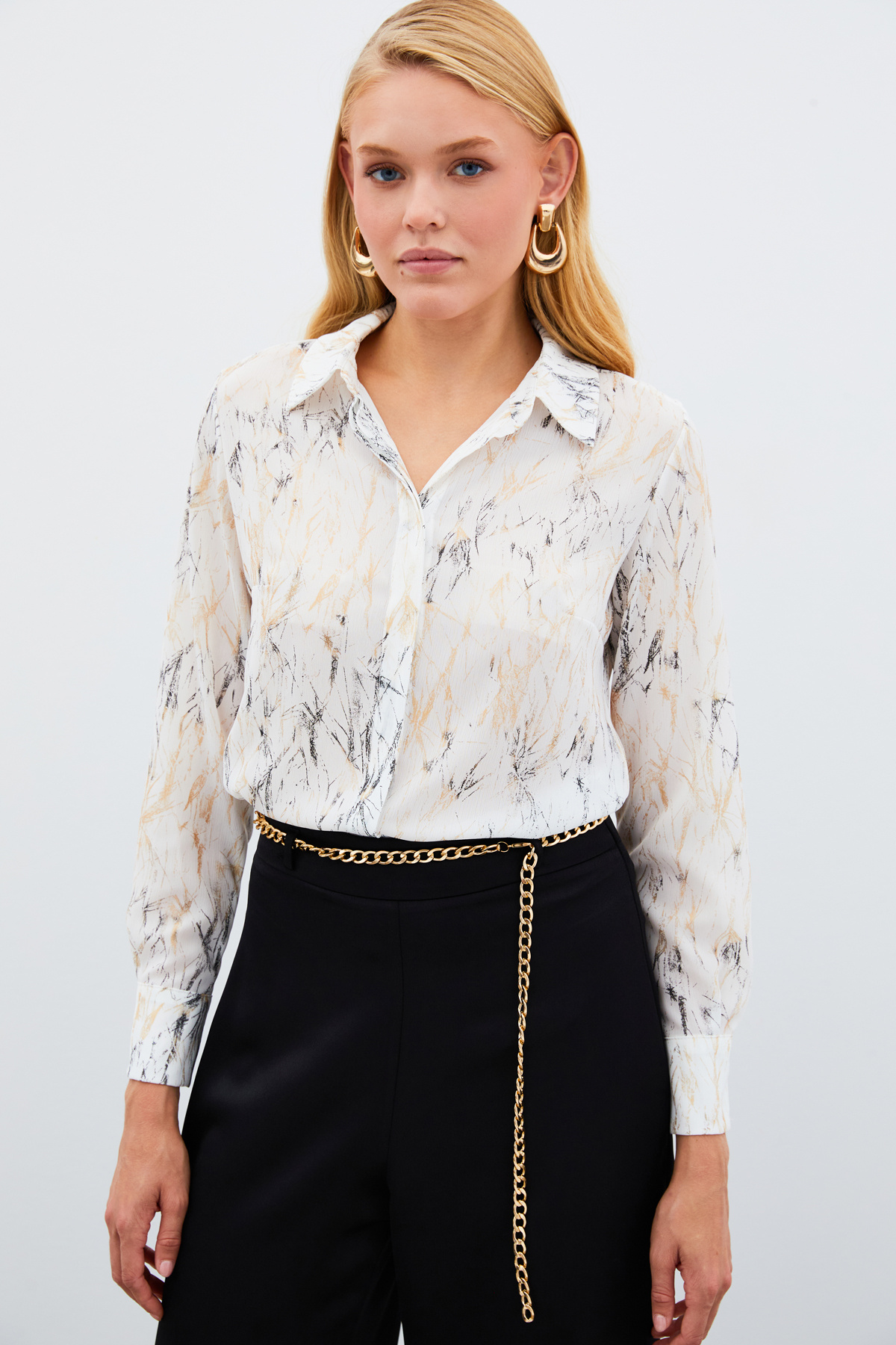 Parlak Desenli Gömlek - EKRU-GOLD