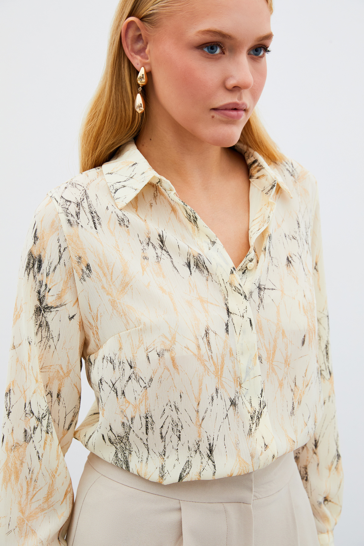 Parlak Desenli Gömlek - KREM-GOLD