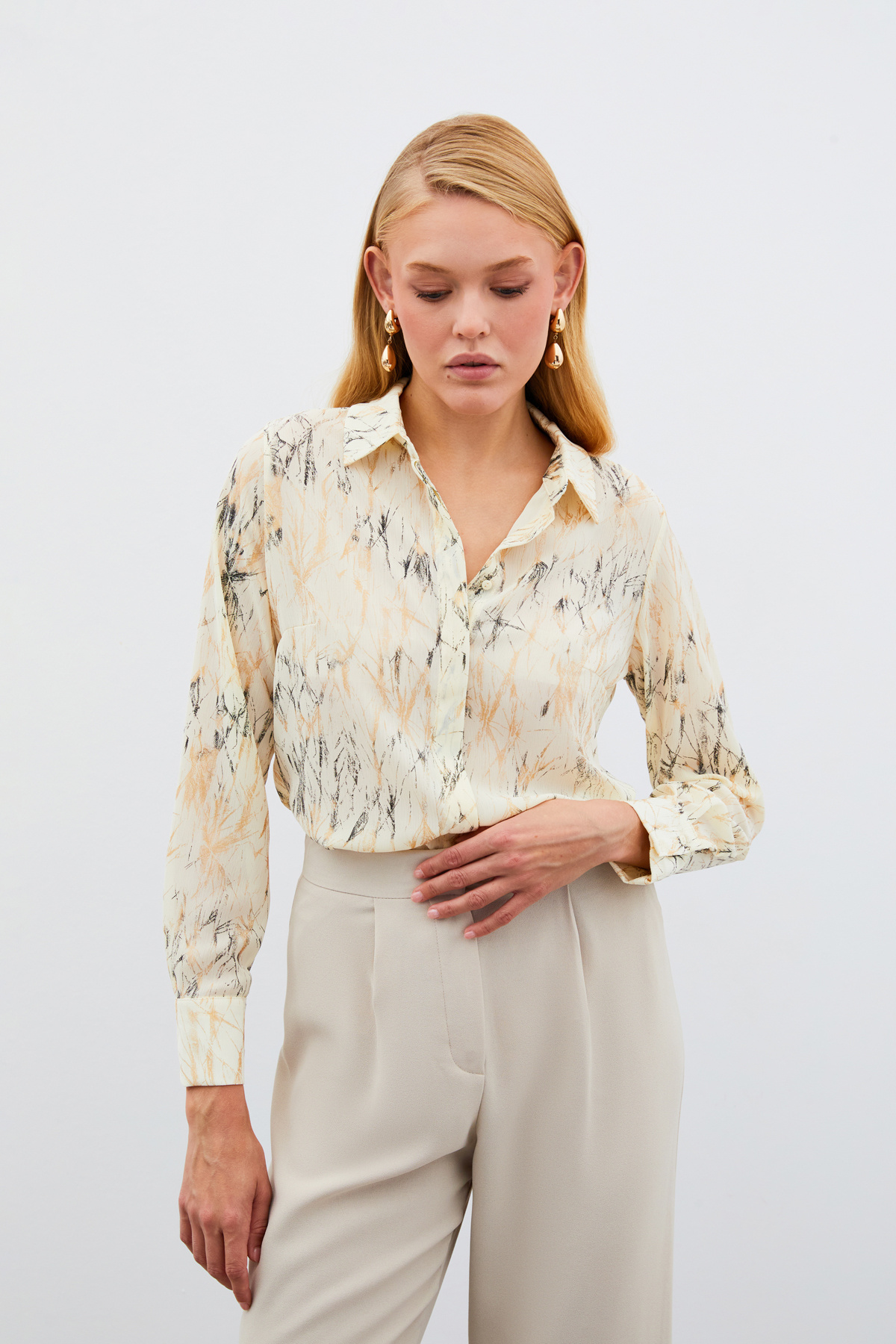 Parlak Desenli Gömlek - KREM-GOLD