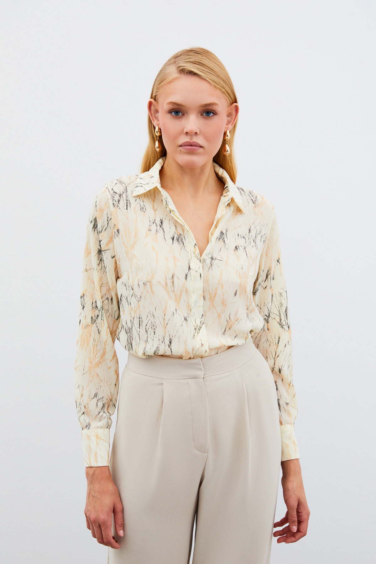 Parlak Desenli Gömlek - KREM-GOLD