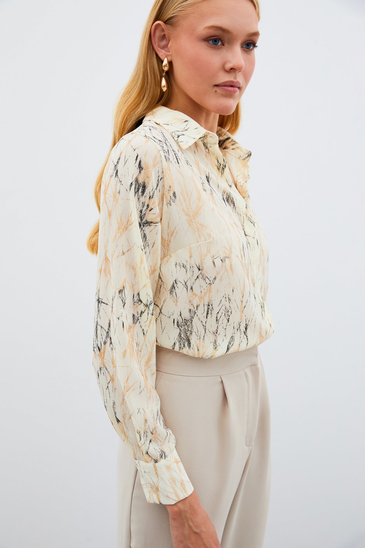 Parlak Desenli Gömlek - KREM-GOLD