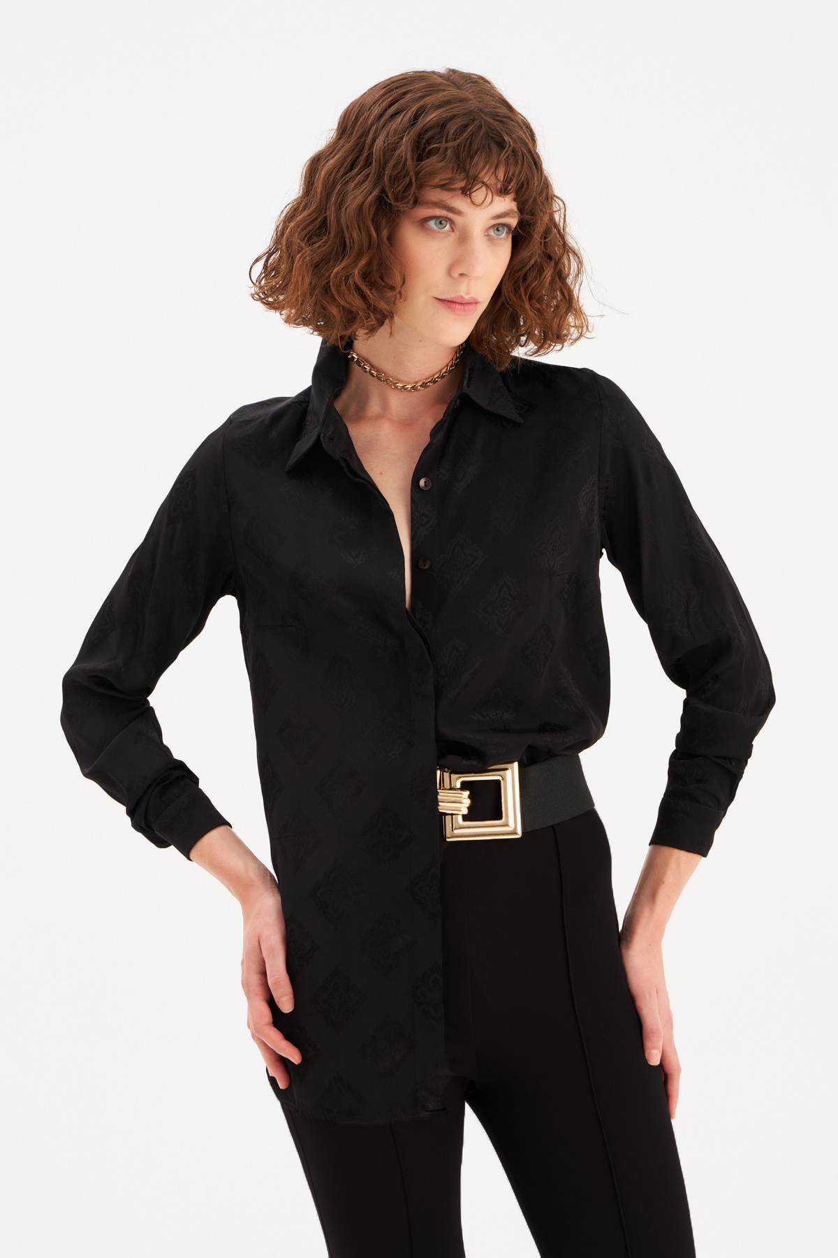 Shiny Patterned Loose Shirt - BLACK