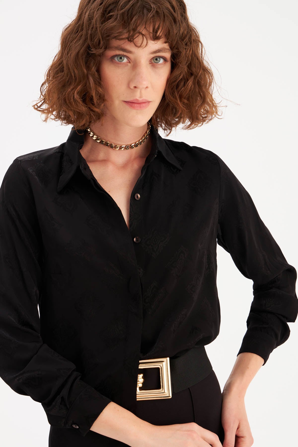Shiny Patterned Loose Shirt - BLACK