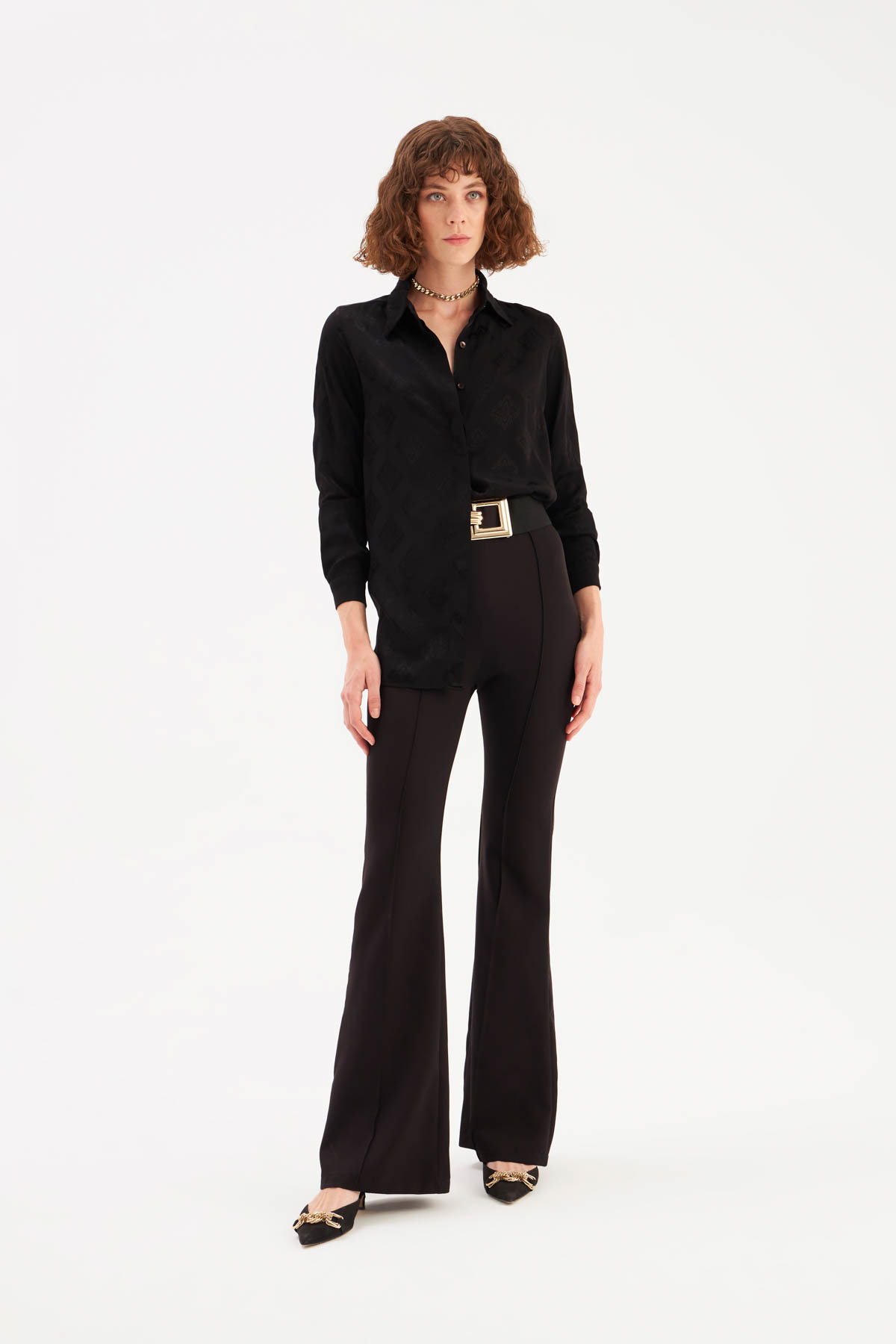 Shiny Patterned Loose Shirt - BLACK