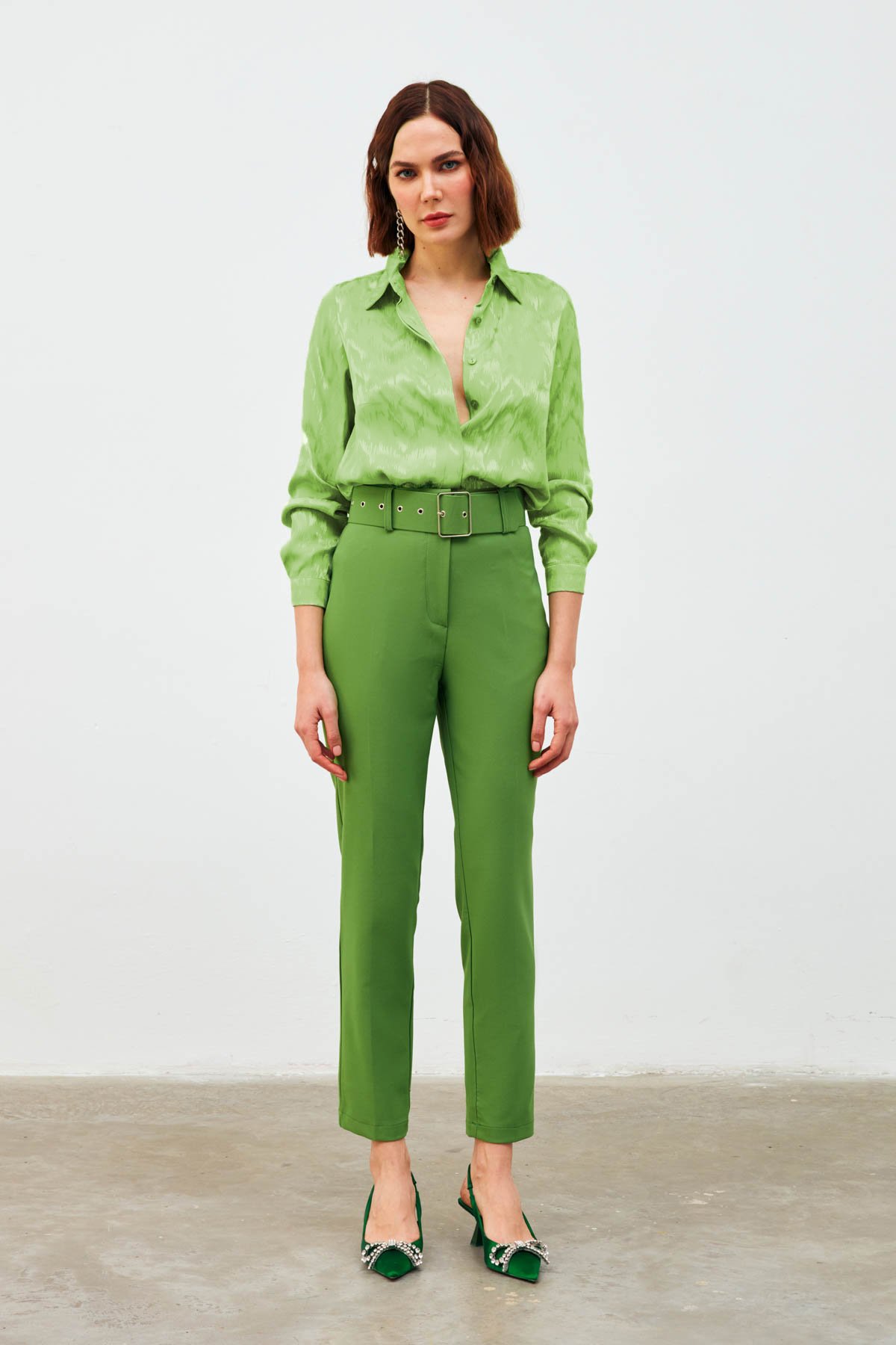 Shiny Patterned Loose Shirt - GREEN