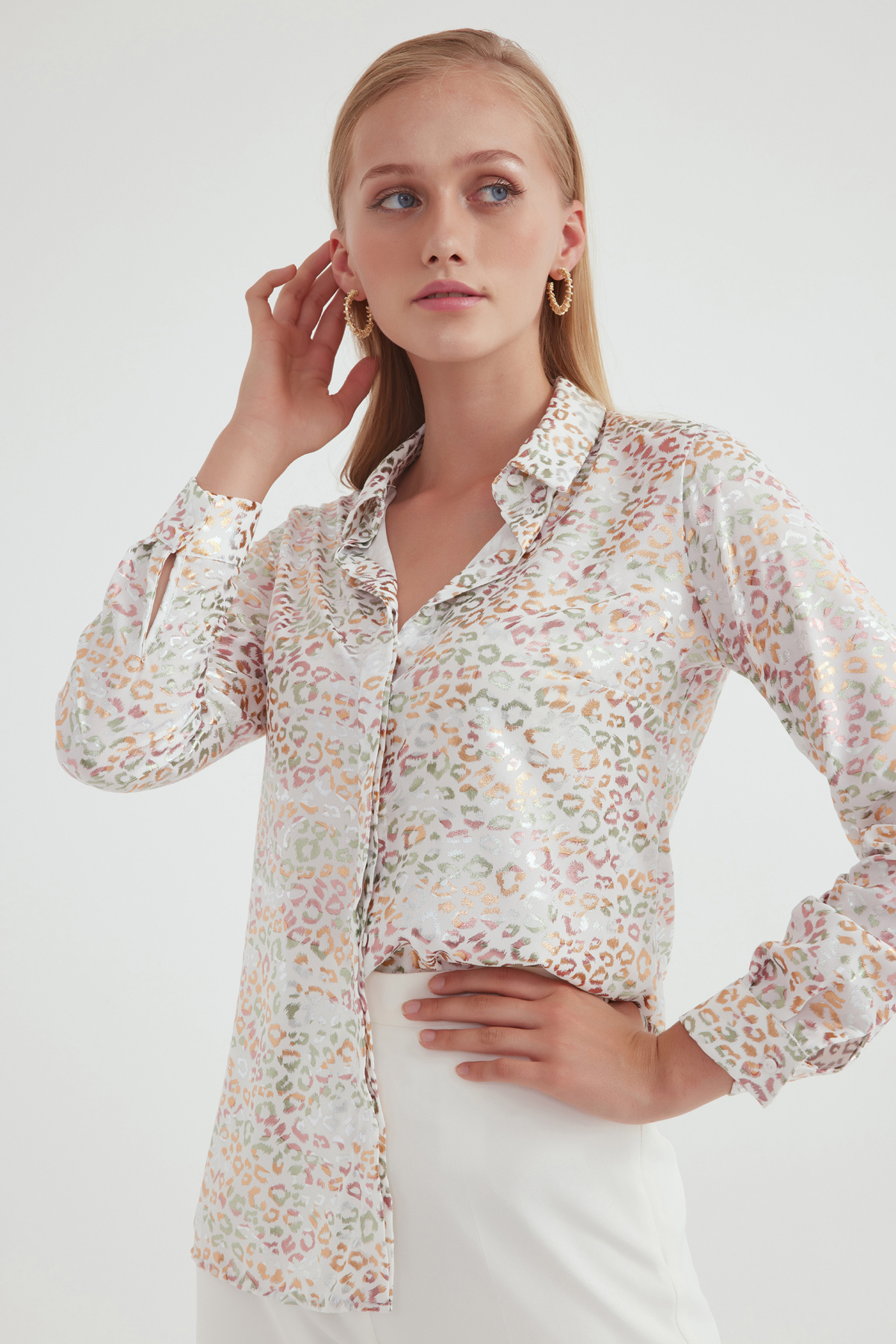 Parlak emprime desen gömlek - EKRU