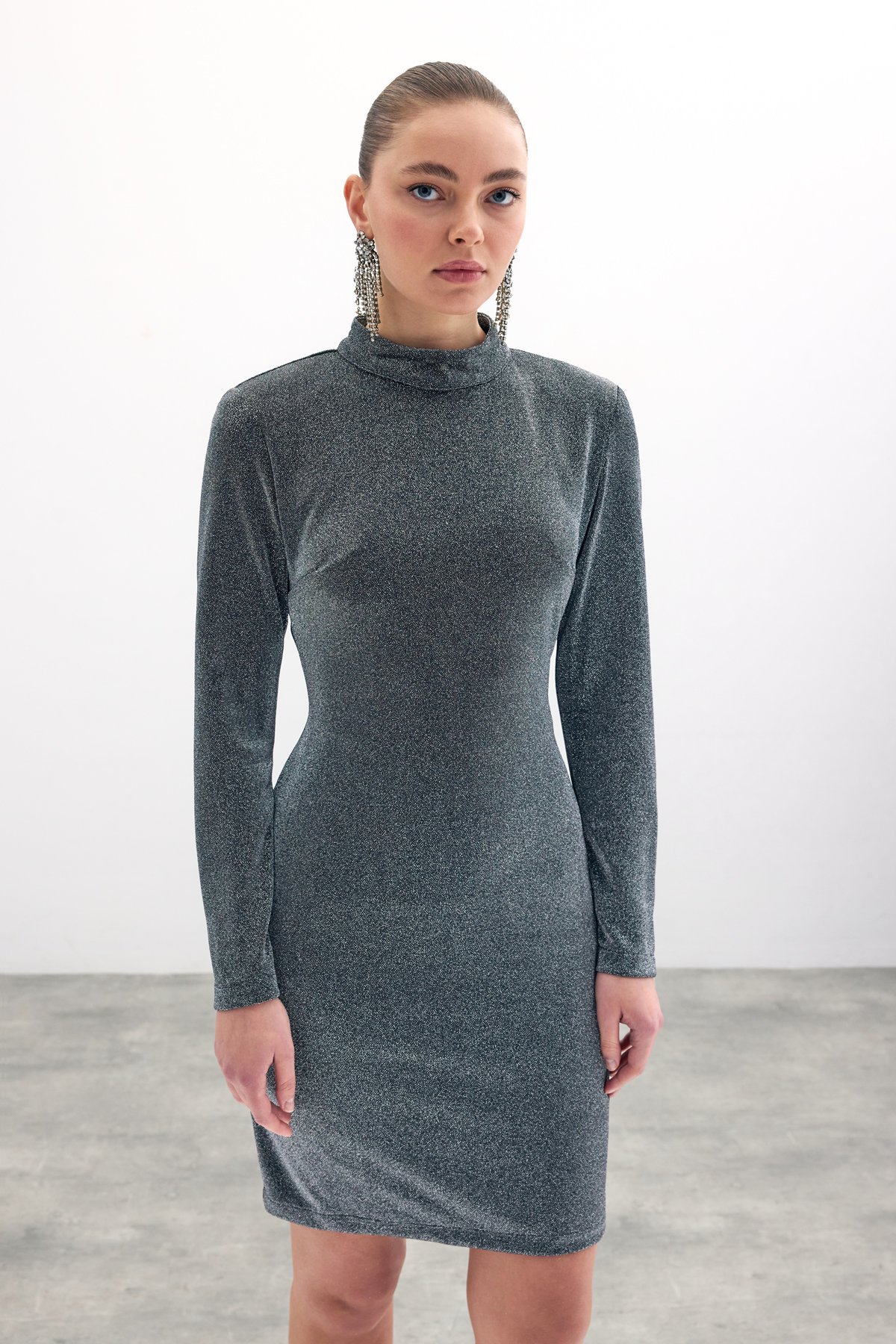 Parlak Kısa Elbise - Antrasit