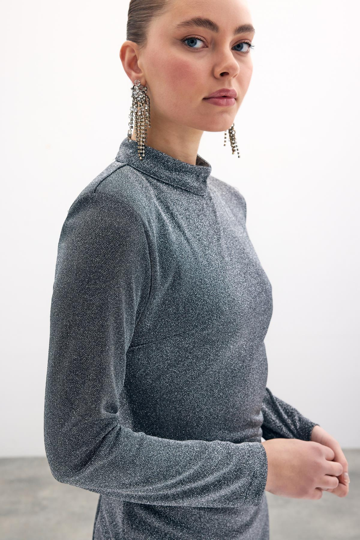 Parlak Kısa Elbise - Antrasit