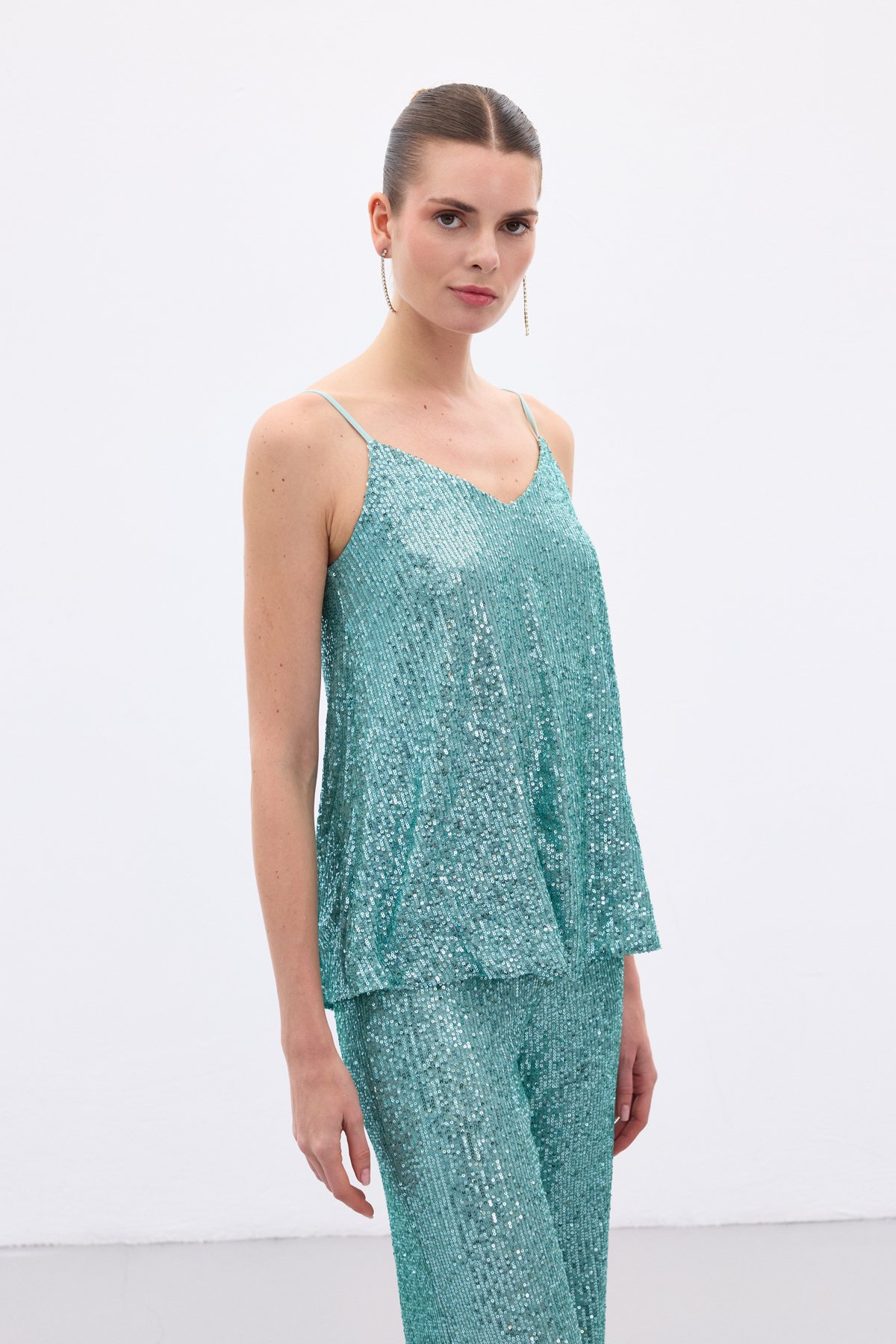 Sequin Detailed Strapless Blouse - Mınt