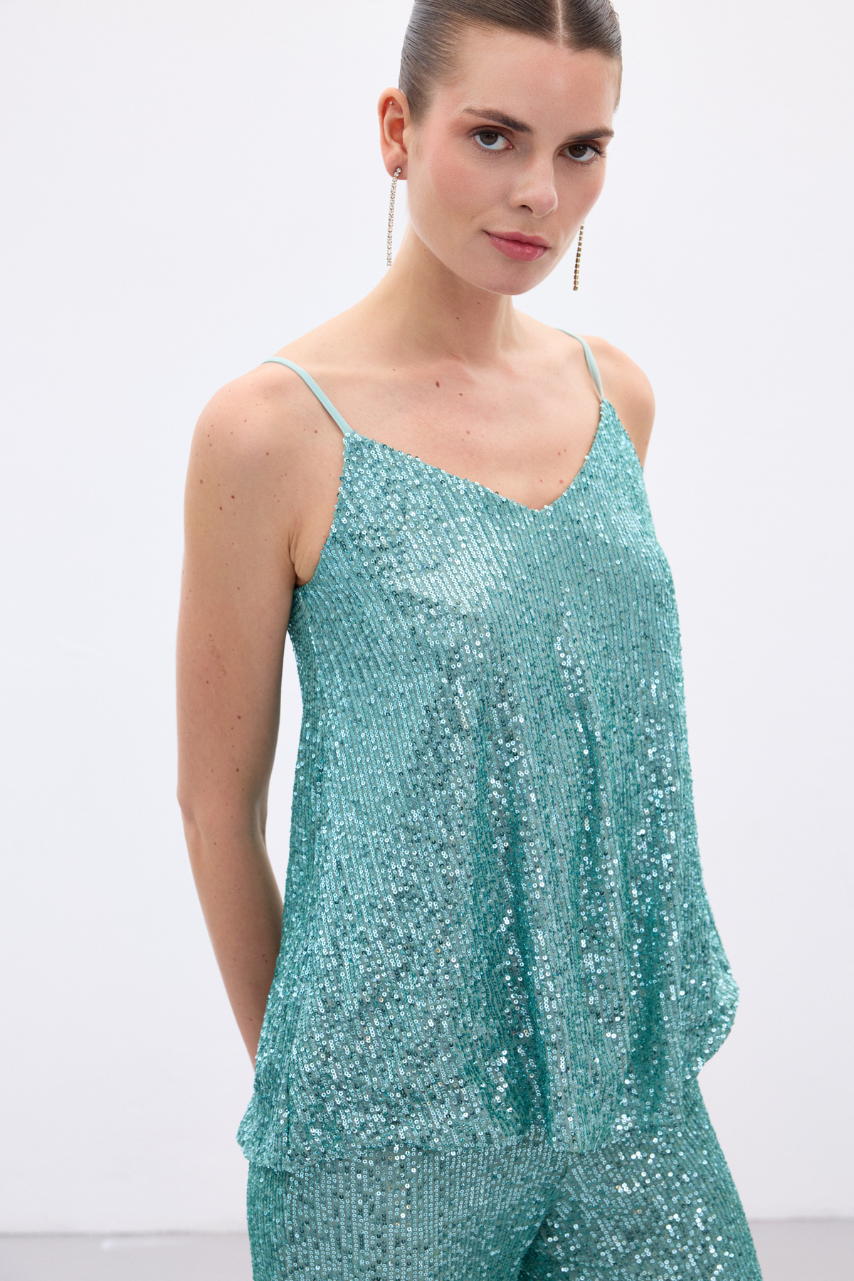 Sequin Detailed Strapless Blouse - Mınt