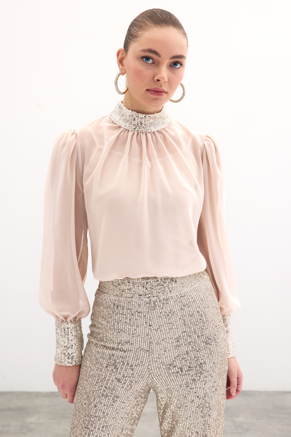 Sequin Detailed Blouse - Beıge