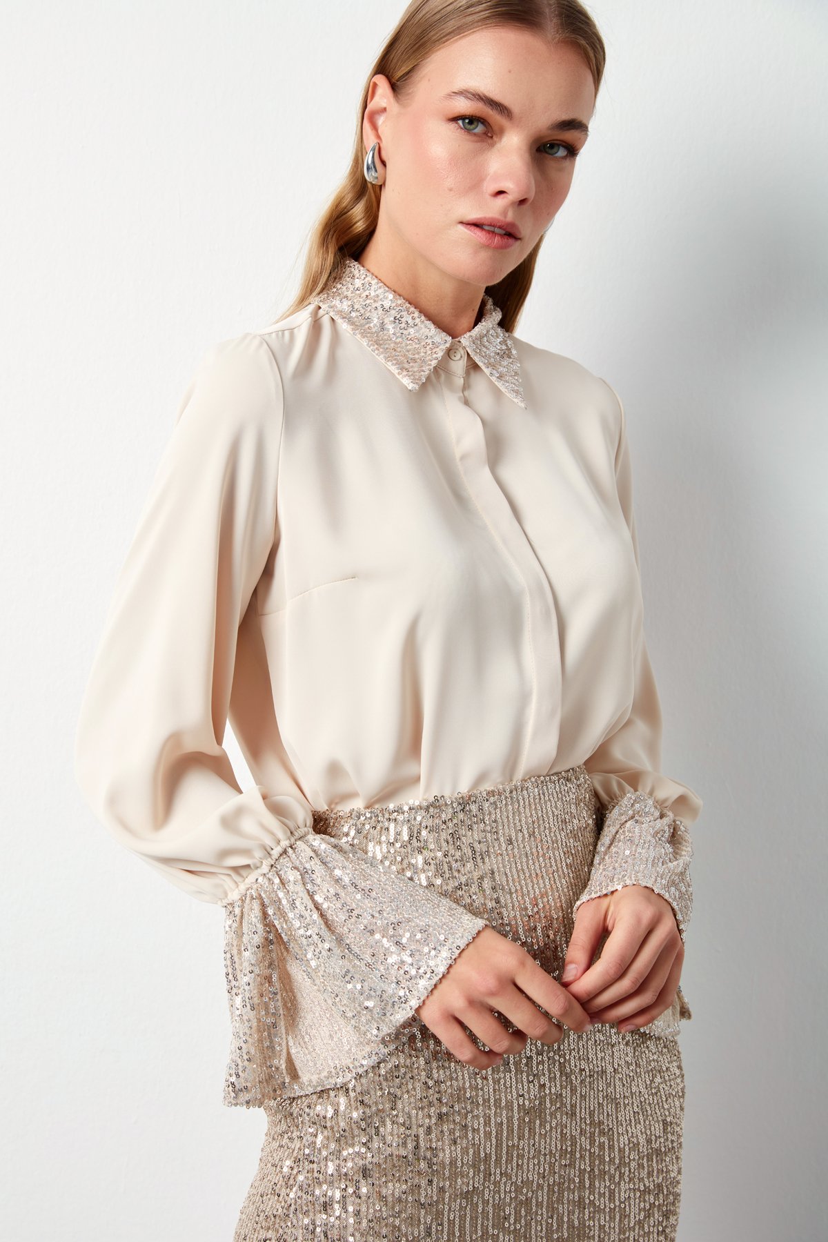 Sequin Detailed Shirt - LIGHT BEIGE