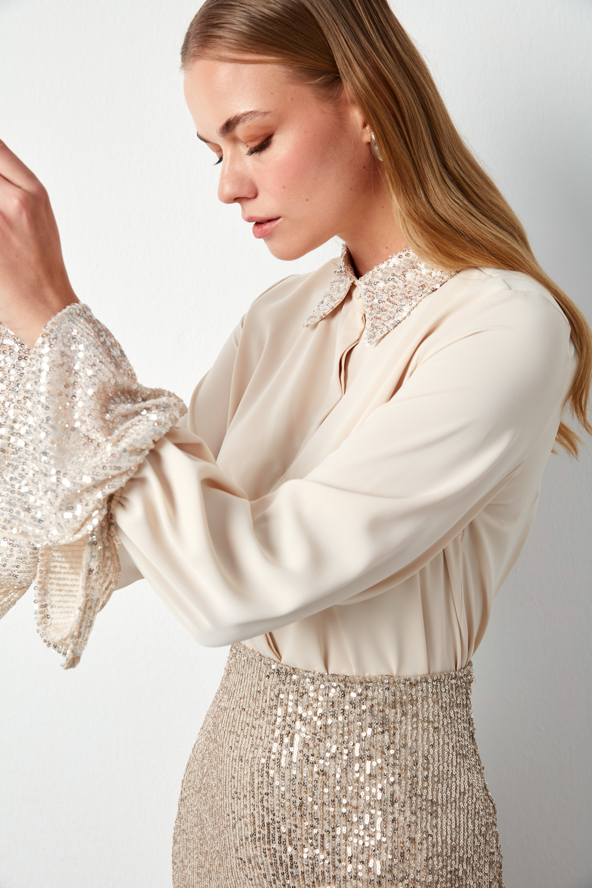 Sequin Detailed Shirt - LIGHT BEIGE