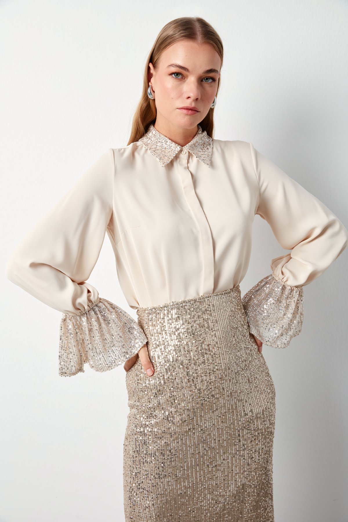 Sequin Detailed Shirt - LIGHT BEIGE