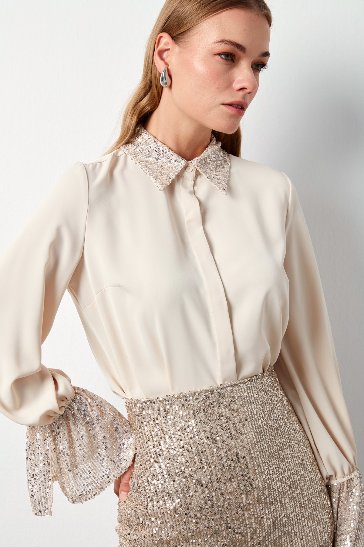 Sequin Detailed Shirt - LIGHT BEIGE