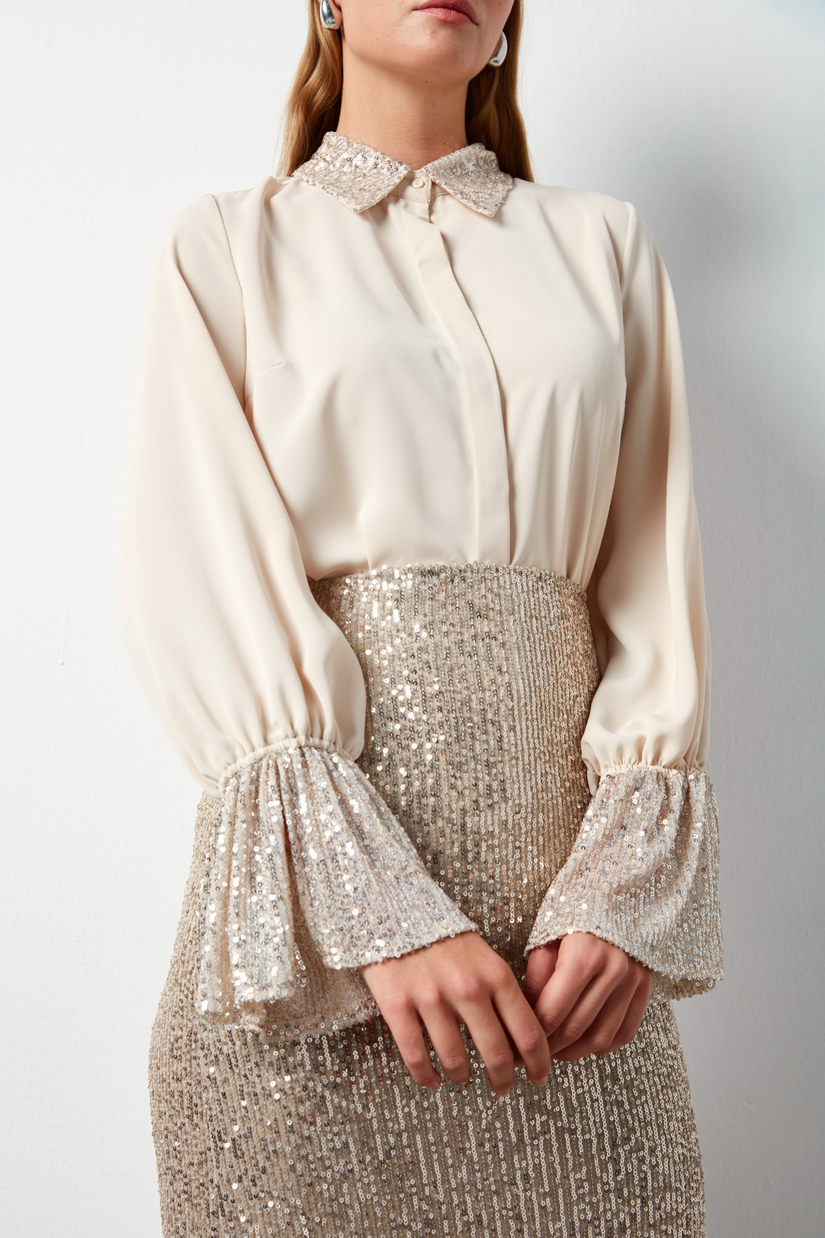 Sequin Detailed Shirt - LIGHT BEIGE