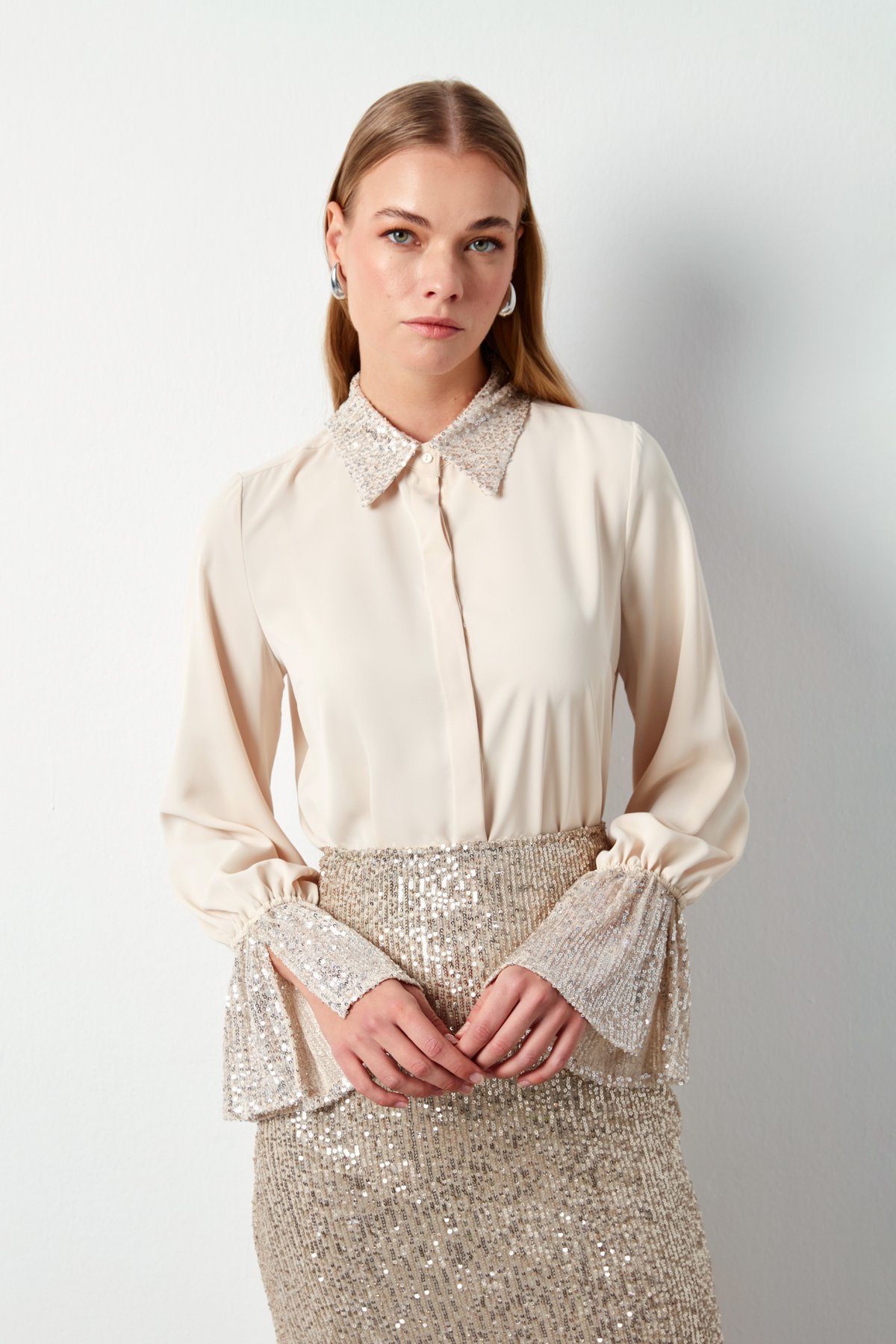 Sequin Detailed Shirt - LIGHT BEIGE