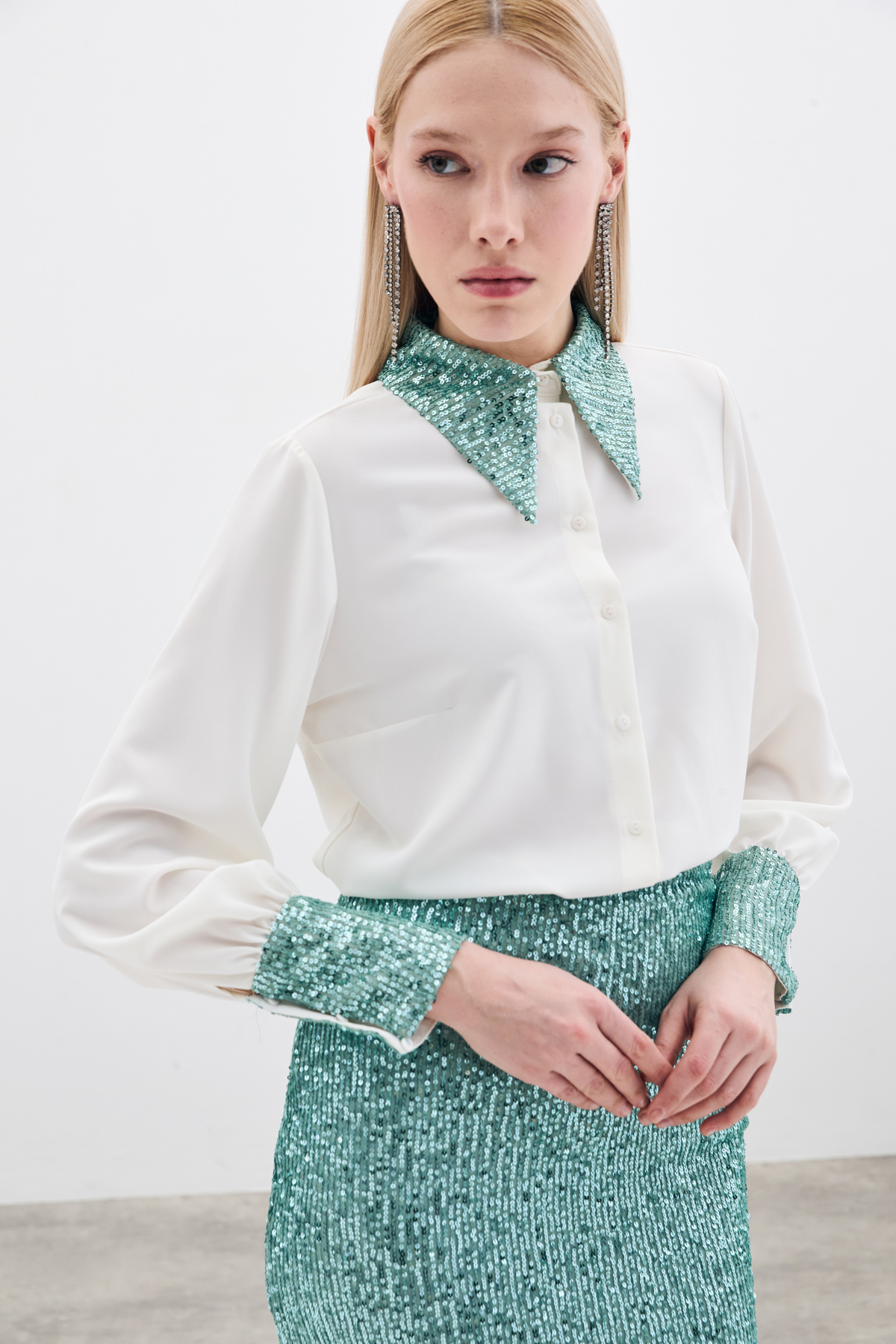 Sequin Detail Shirt - Ecru-mınt