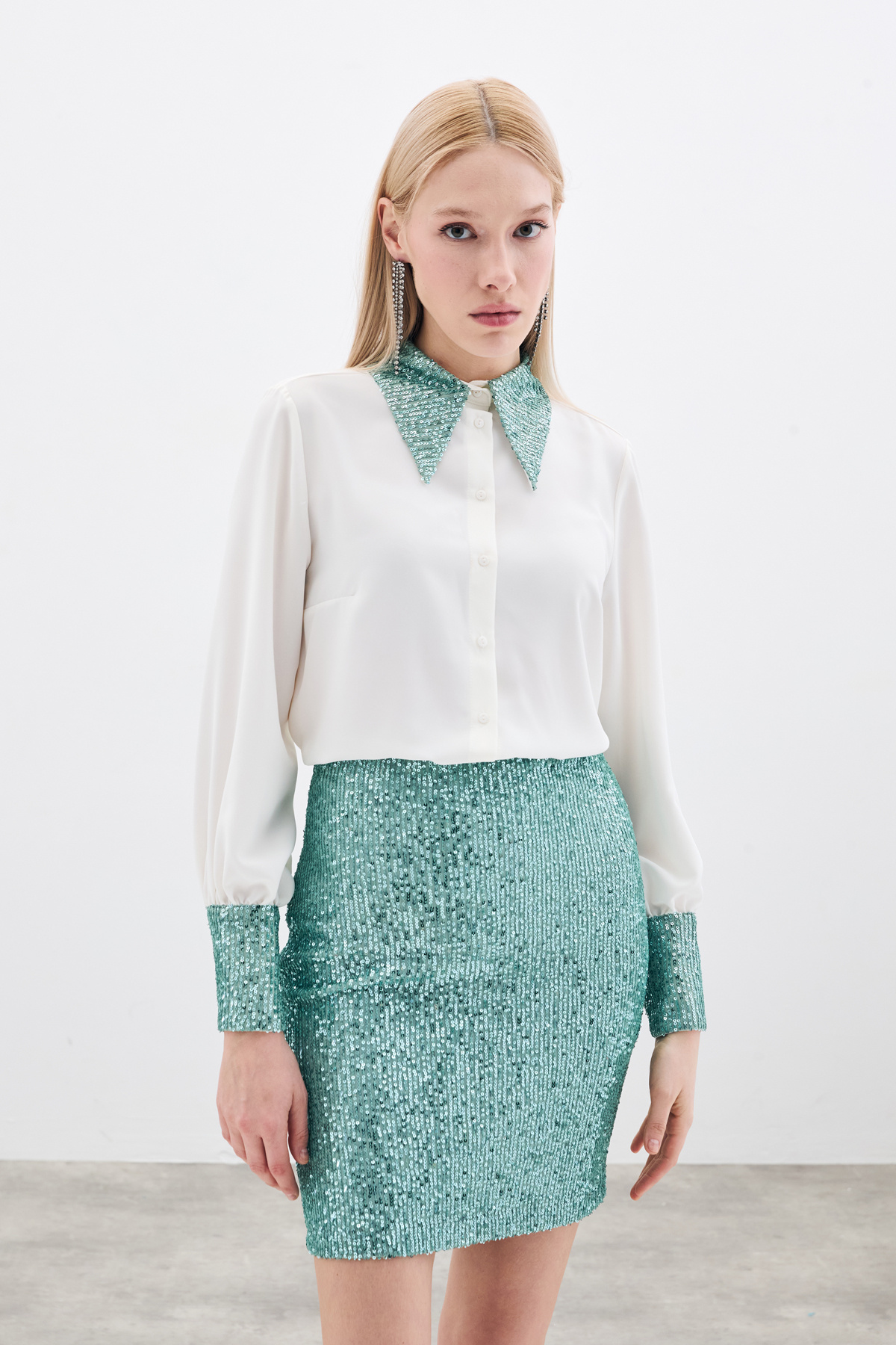 Sequin Detail Shirt - Ecru-mınt