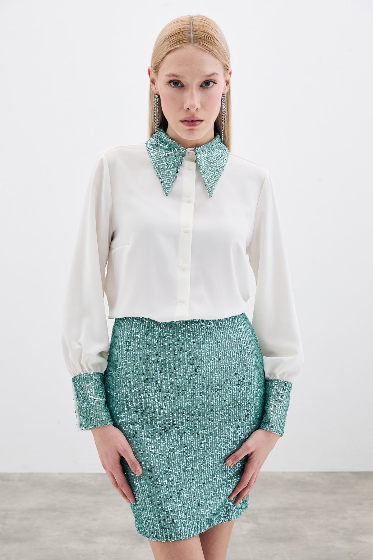 Sequin Detail Shirt - Ecru-mınt