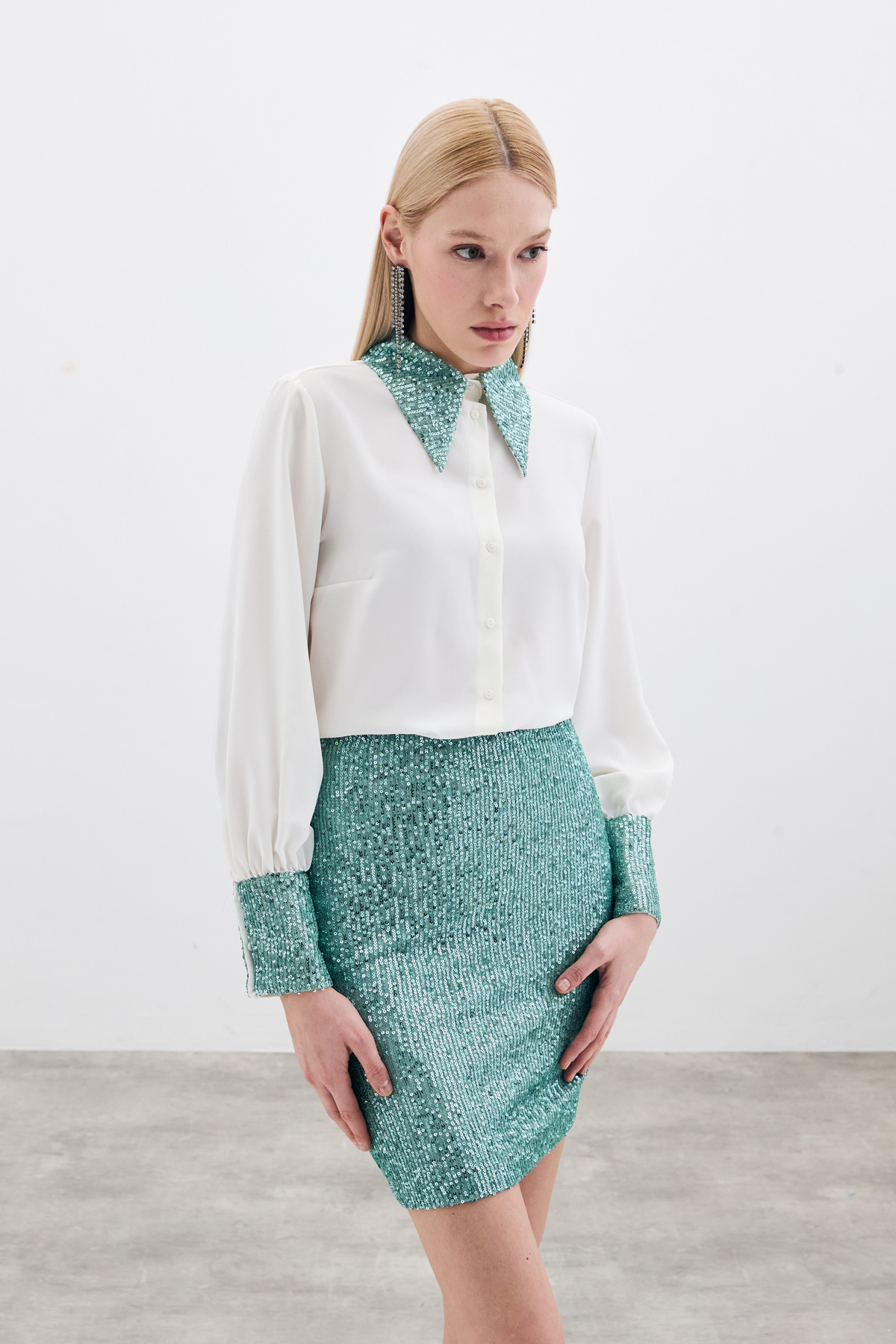 Sequin Detail Shirt - Ecru-mınt