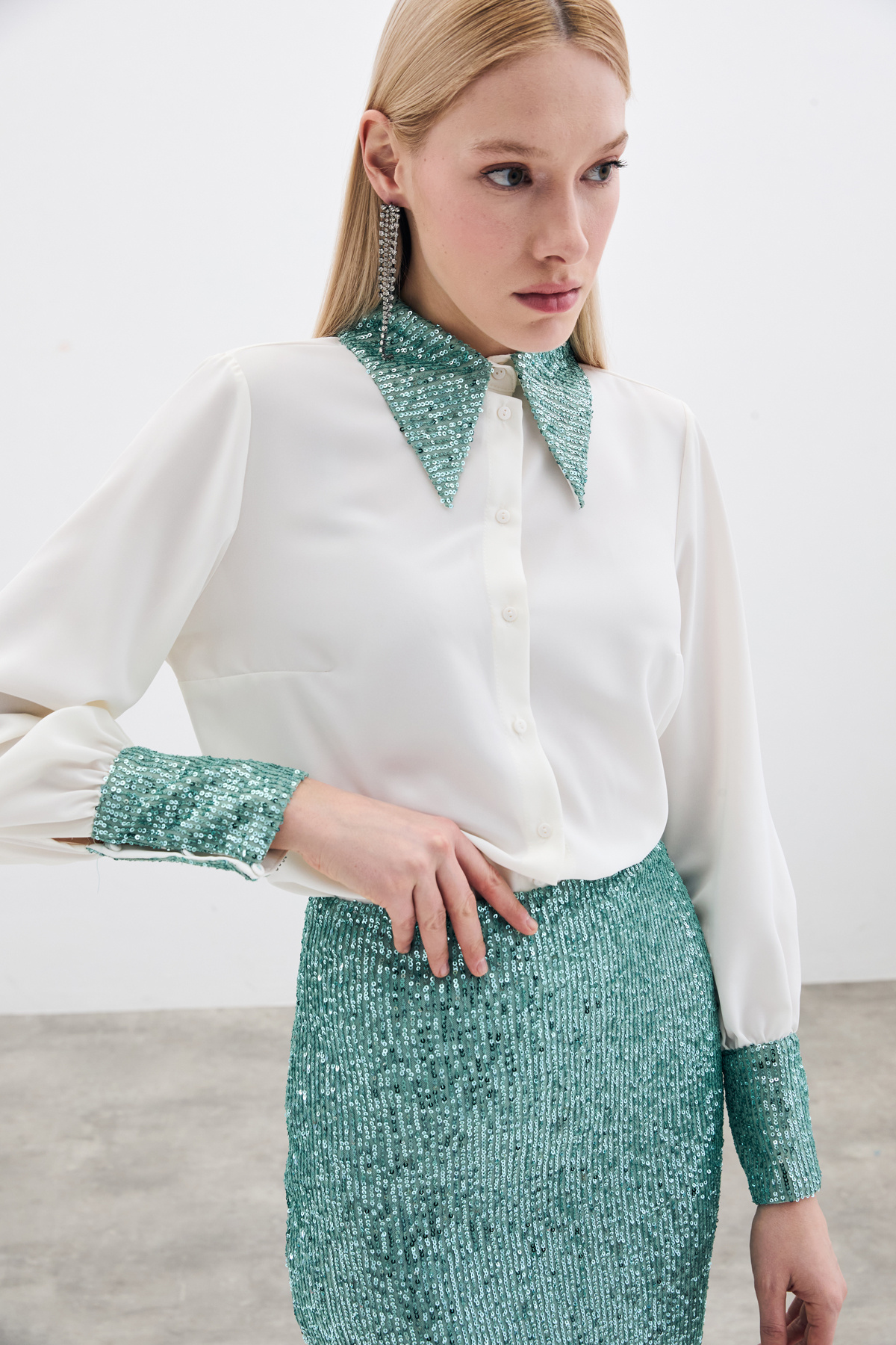 Sequin Detail Shirt - Ecru-mınt