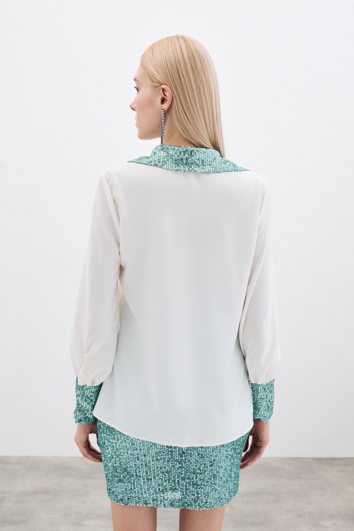 Sequin Detail Shirt - Ecru-mınt