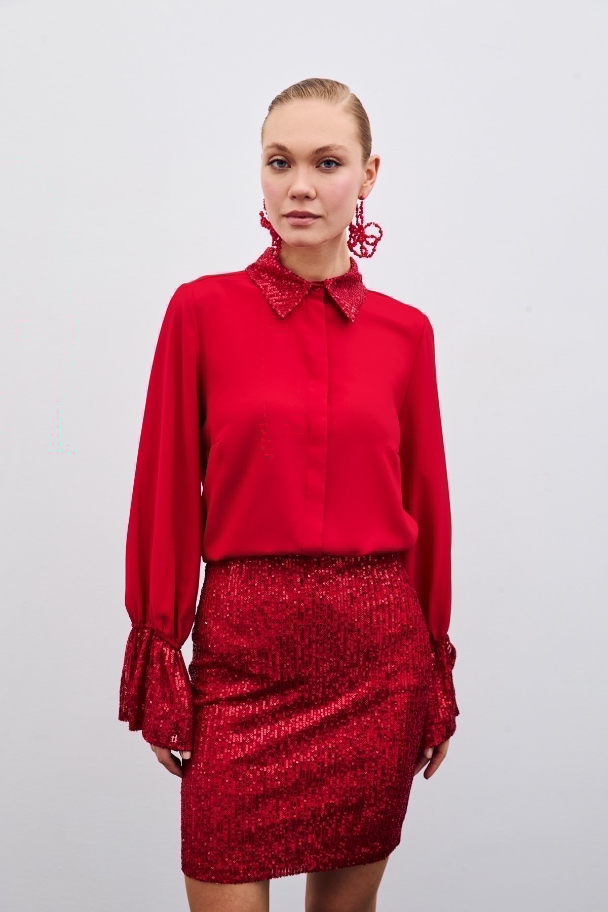 Payet Detaylı Gömlek - Kırmızı