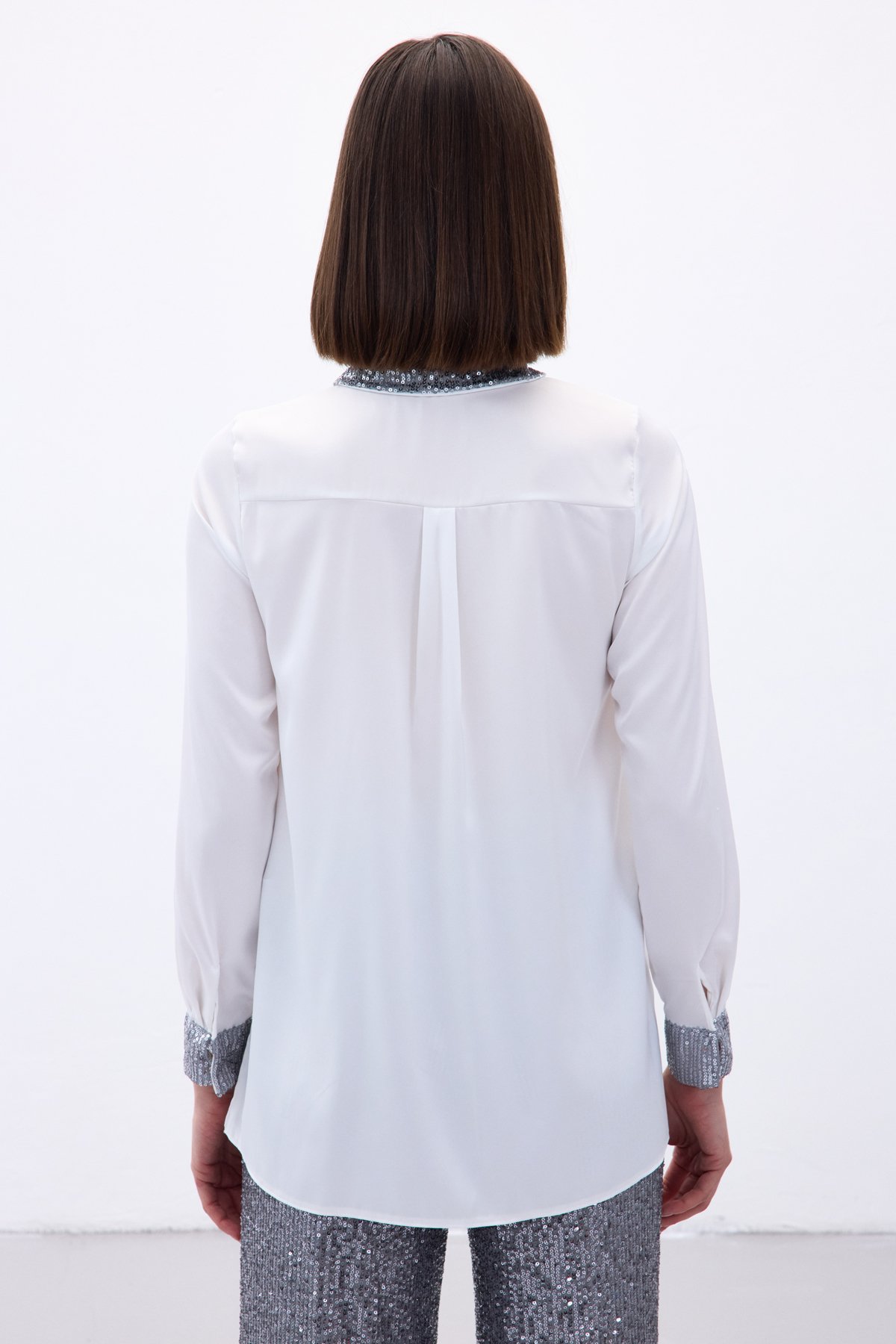 Payet Detaylı Saten Gömlek - Gri