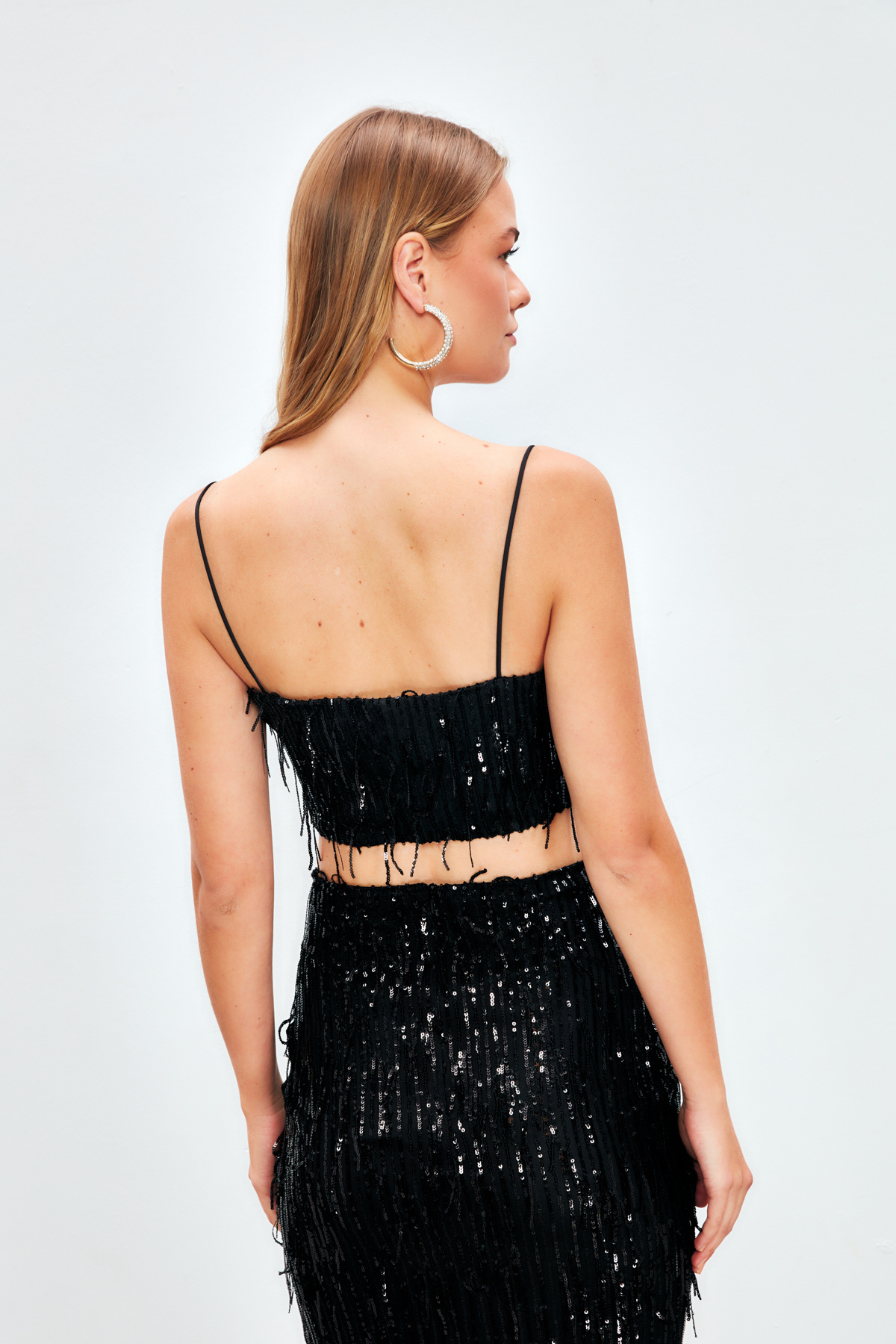 Payetli Crop Bluz - SİYAH